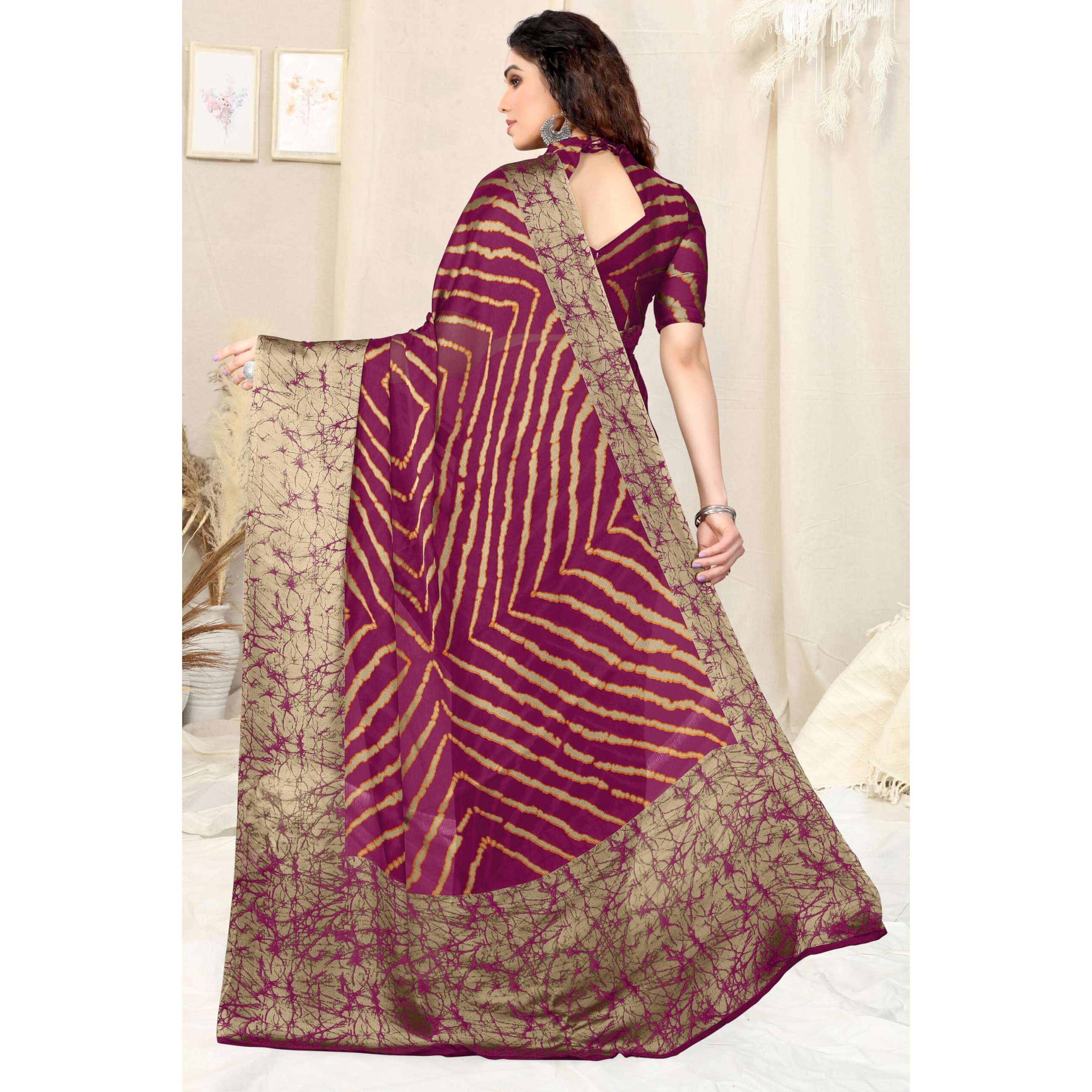 MIRCHI FASHION Womens Plain Weave Chiffon Leheriya Printed Saree with Blouse Piece (38881-Pink, Beige)