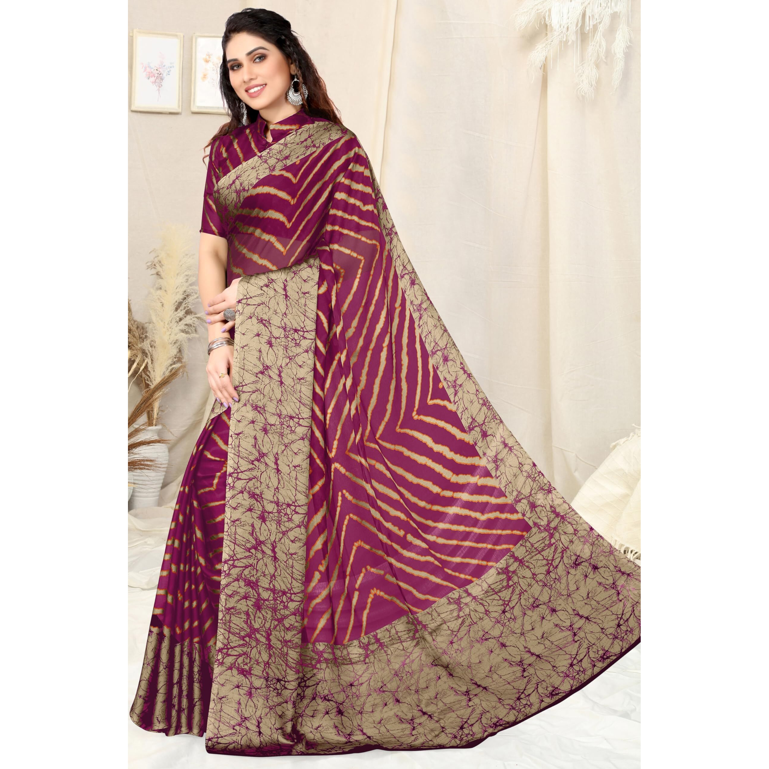 MIRCHI FASHION Womens Plain Weave Chiffon Leheriya Printed Saree with Blouse Piece (38881-Pink, Beige)