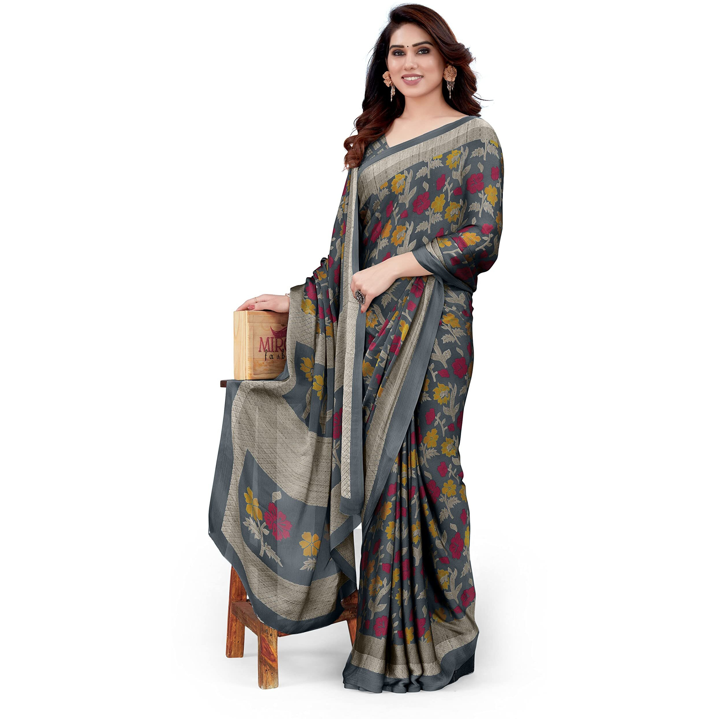MIRCHI FASHION Womens Plain Weave Chiffon Floral Printed Saree with Blouse Piece (38531-Grey, Red)