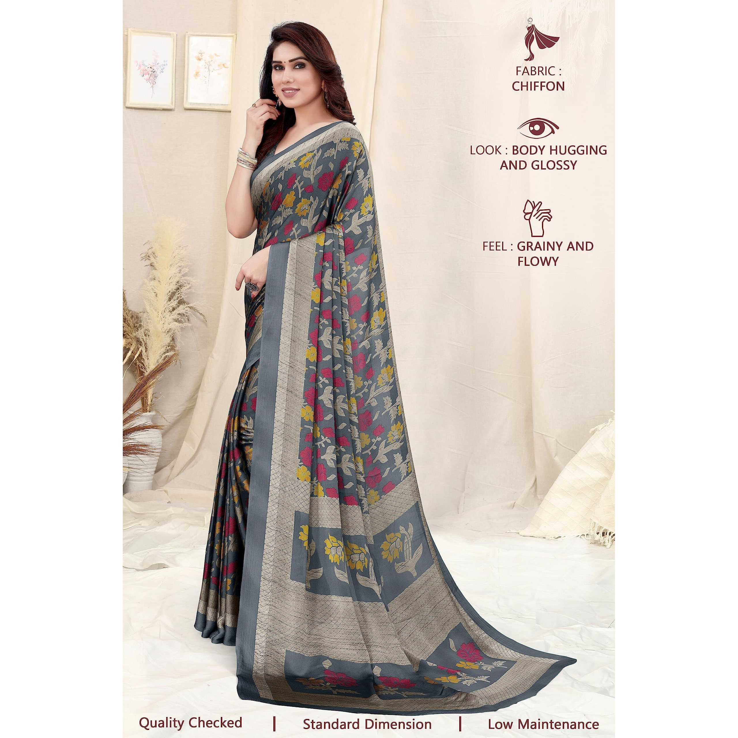 MIRCHI FASHION Womens Plain Weave Chiffon Floral Printed Saree with Blouse Piece (38531-Grey, Red)