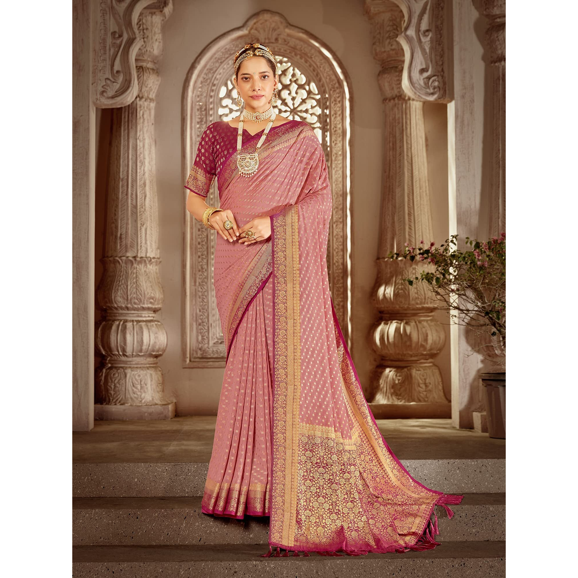 AKHILAM Womens Georgette Banarasi Silk Saree Georgette Patola saree With Unstitched Blouse Piece (Pink_ARYA1001_FL)