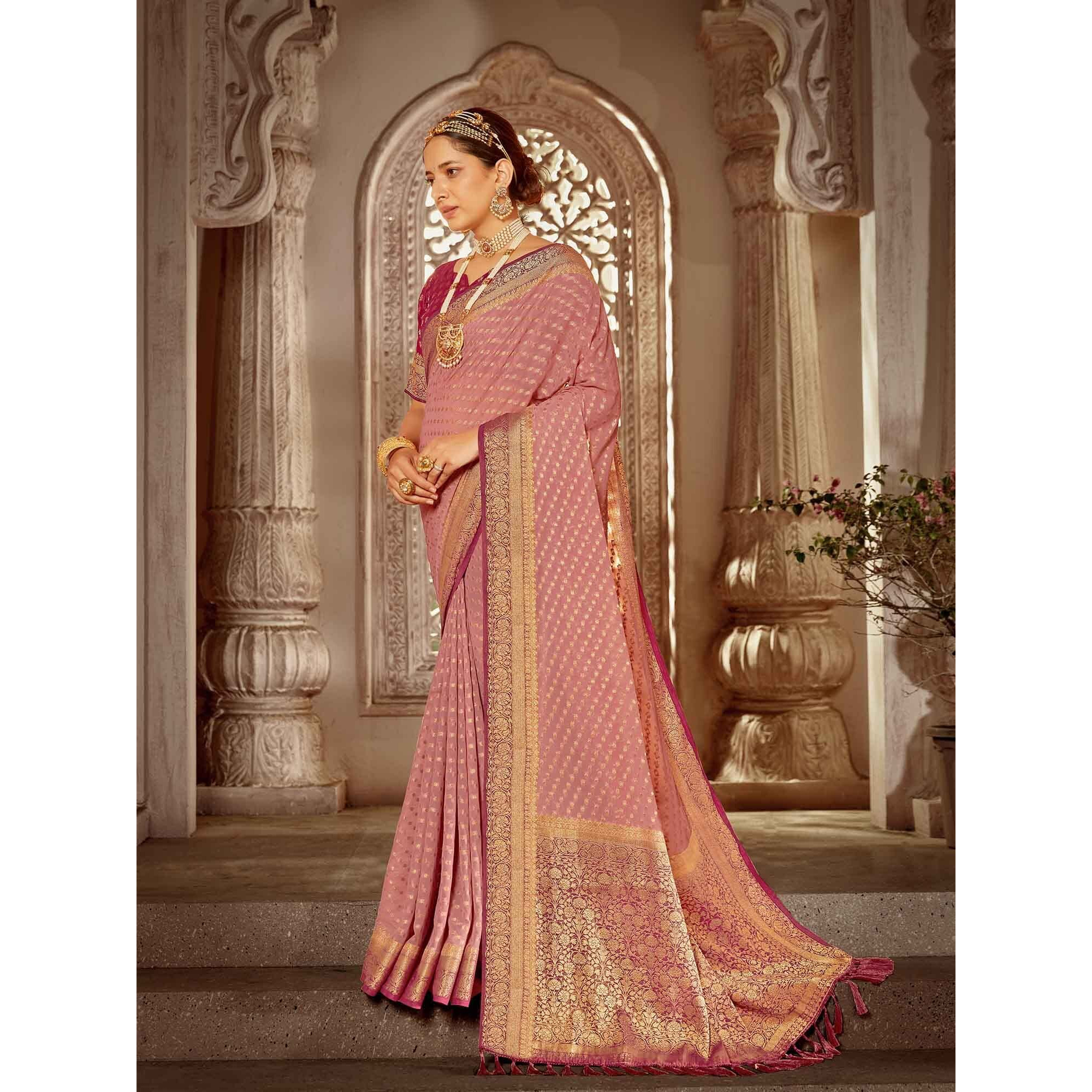 AKHILAM Womens Georgette Banarasi Silk Saree Georgette Patola saree With Unstitched Blouse Piece (Pink_ARYA1001_FL)