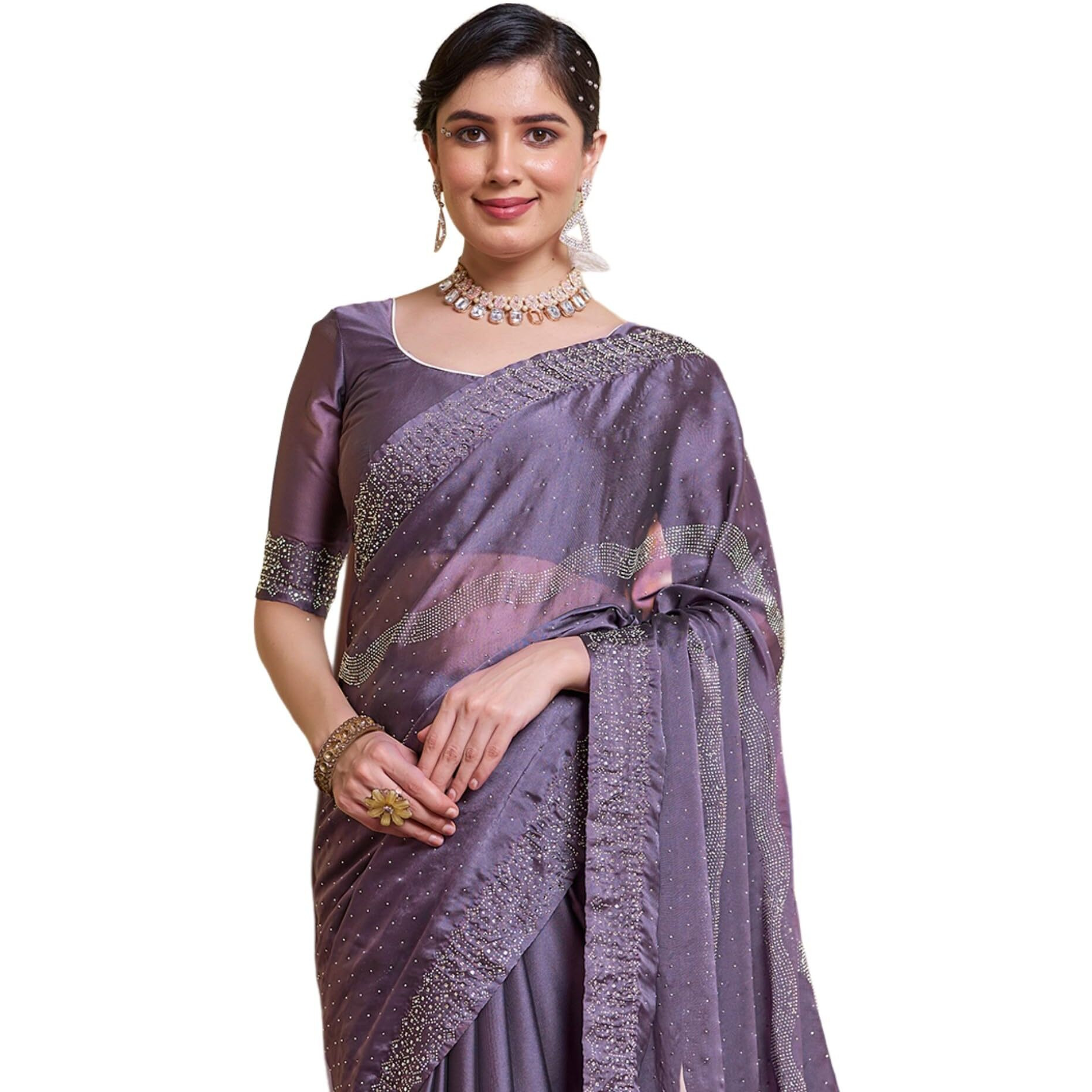 SIRIL Womens Georgette Hot Fixing Saree With Unstitched Blouse Piece (3620S101_Mauve)