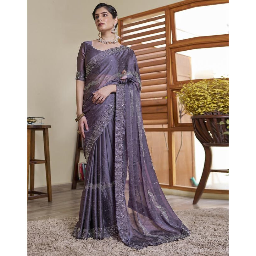 SIRIL Womens Georgette Hot Fixing Saree With Unstitched Blouse Piece (3620S101_Mauve)