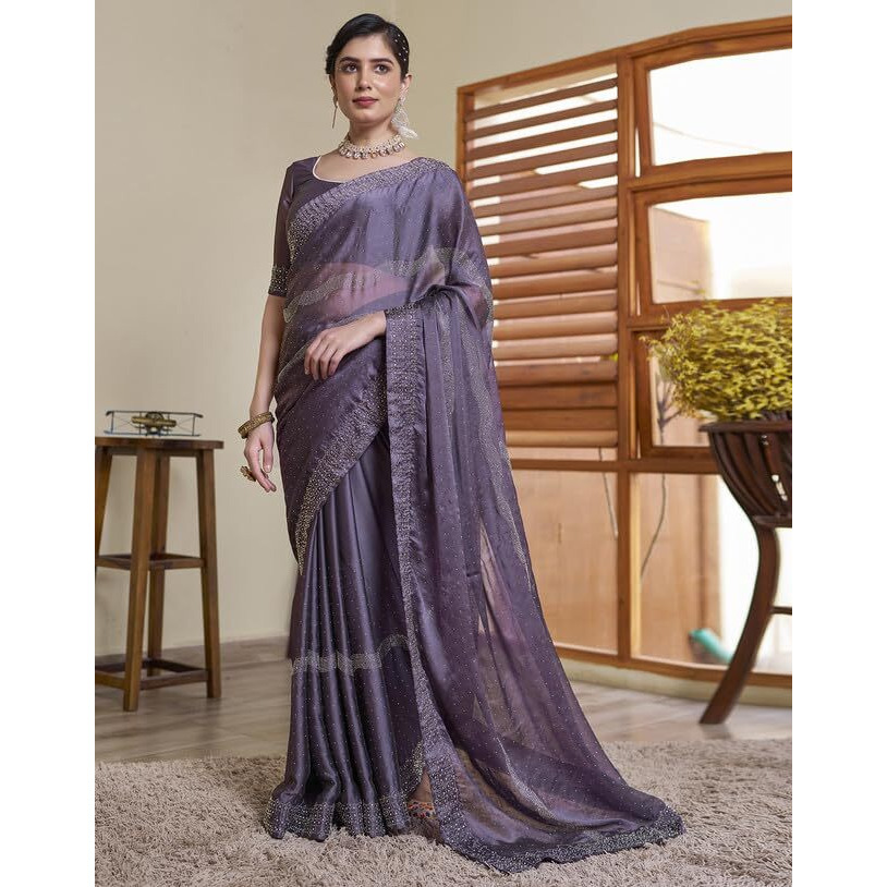 SIRIL Womens Georgette Hot Fixing Saree With Unstitched Blouse Piece (3620S101_Mauve)