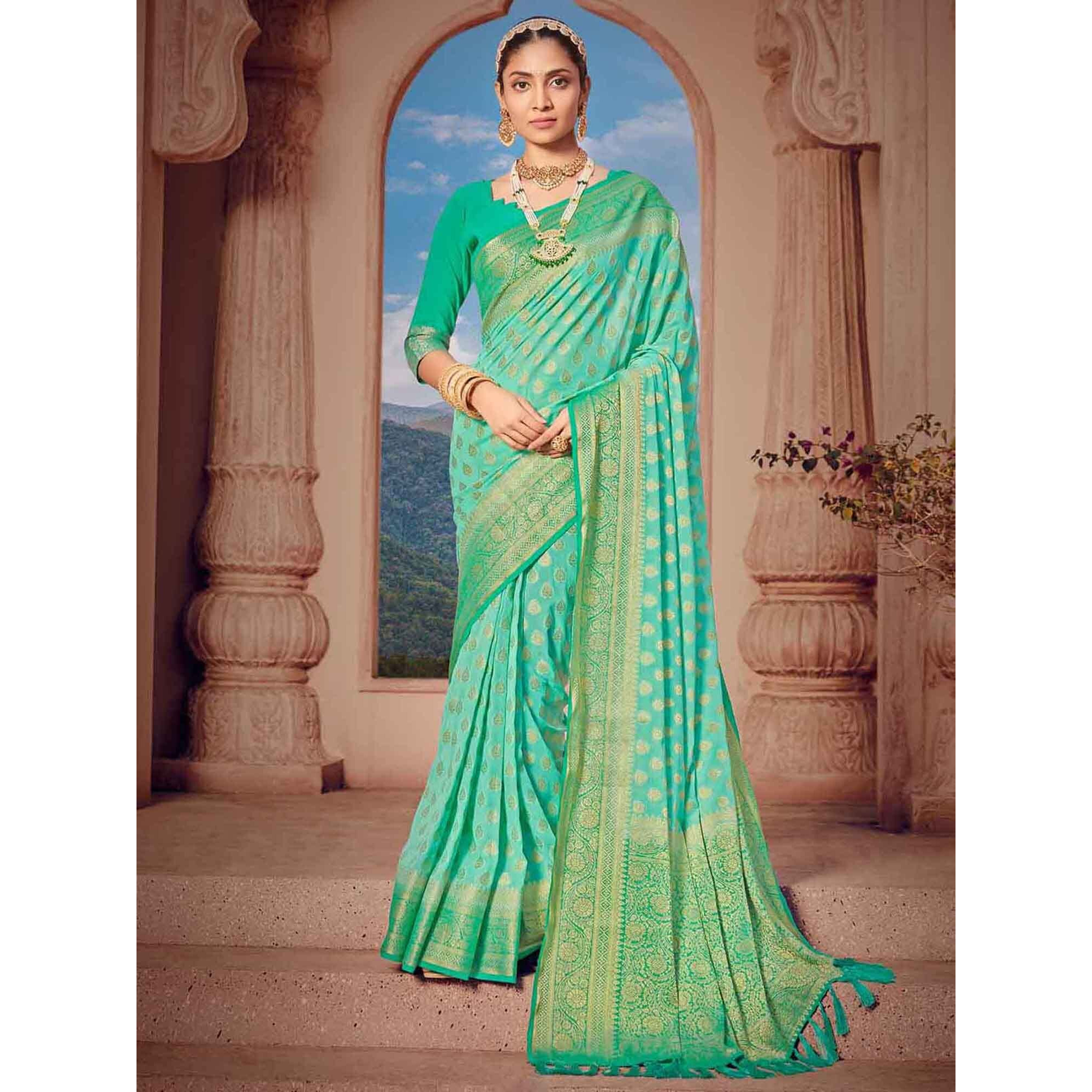 AKHILAM Womens Georgette Banarasi Silk Saree Georgette Patola saree With Unstitched Blouse Piece (Sea Green_ARYA1002_FL)