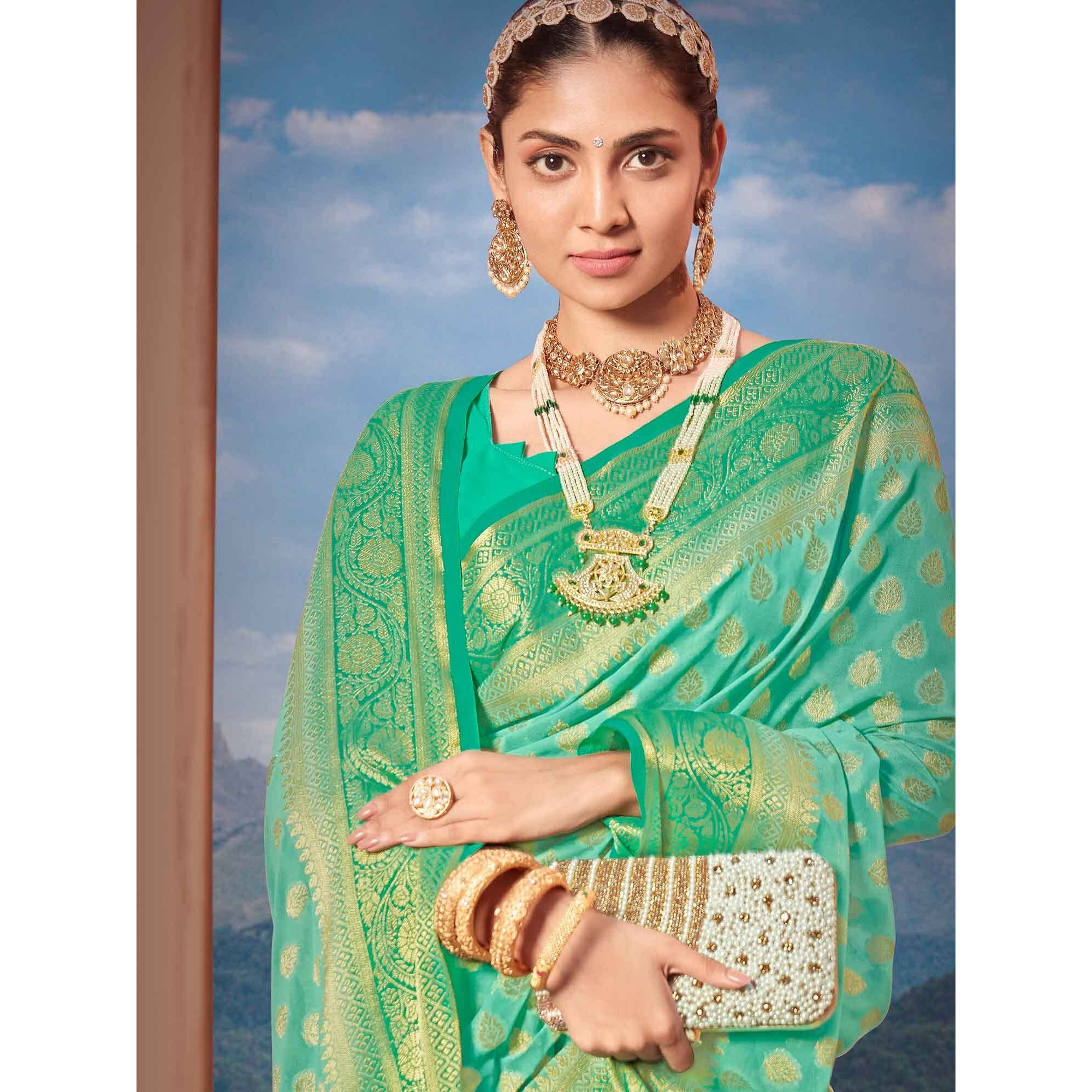 AKHILAM Womens Georgette Banarasi Silk Saree Georgette Patola saree With Unstitched Blouse Piece (Sea Green_ARYA1002_FL)