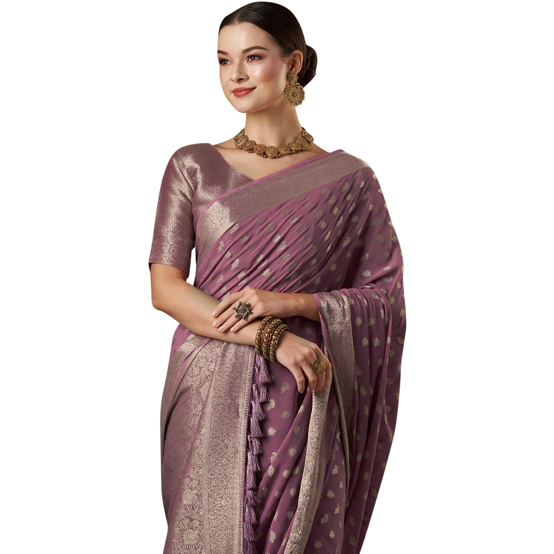 AKHILAM Womens Woven Design Georgette Kanjeevaram Saree With Unstiched Blouse Piece (Mauve_ARYA3001_FL)