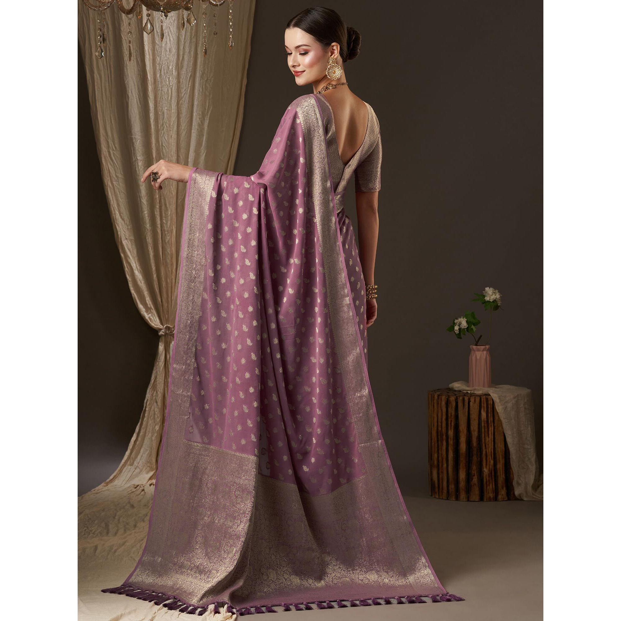 AKHILAM Womens Woven Design Georgette Kanjeevaram Saree With Unstiched Blouse Piece (Mauve_ARYA3001_FL)