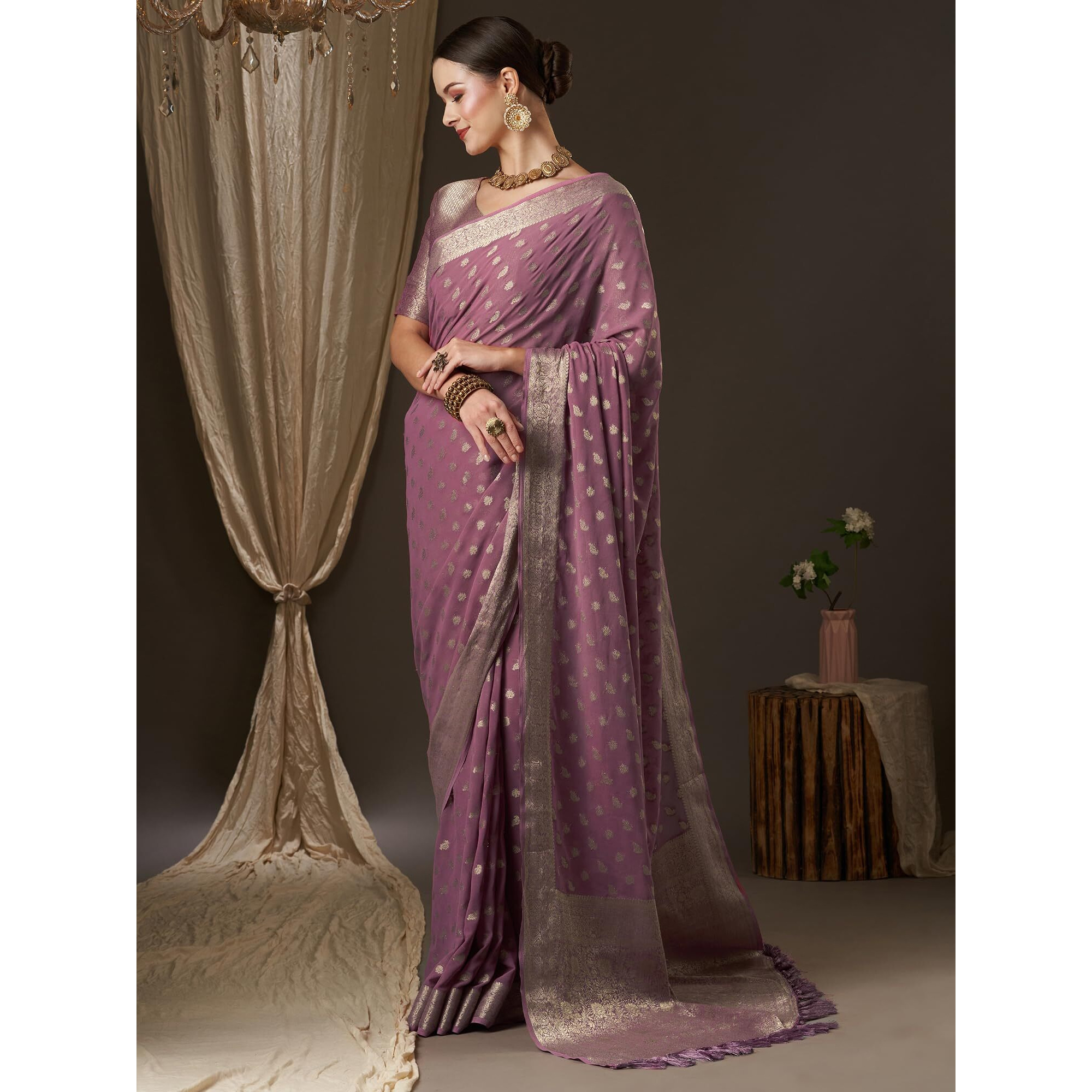 AKHILAM Womens Woven Design Georgette Kanjeevaram Saree With Unstiched Blouse Piece (Mauve_ARYA3001_FL)