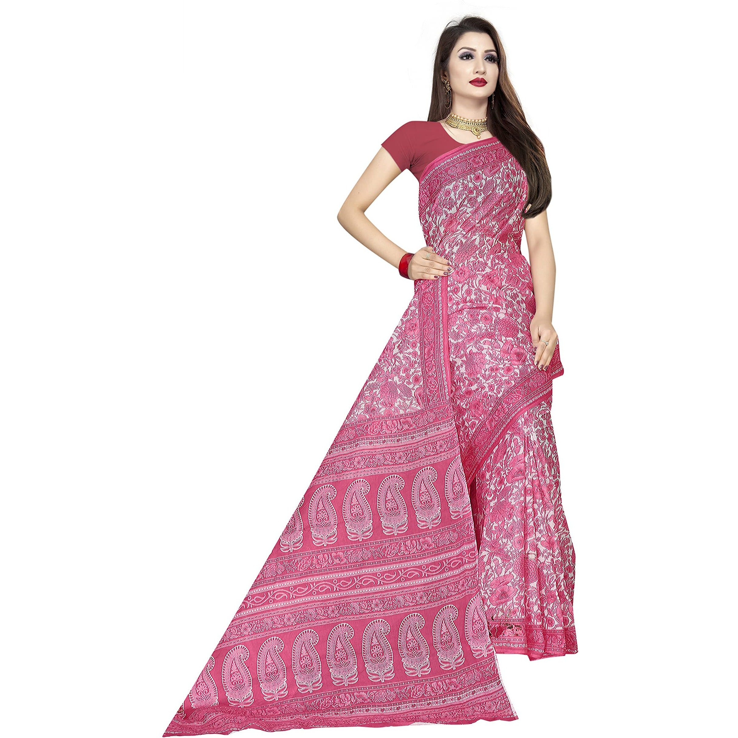 TAMAIRA FASHION Womens Plain Weave Pure Cotton Saree Without Blouse Piece (AB18_Pink)