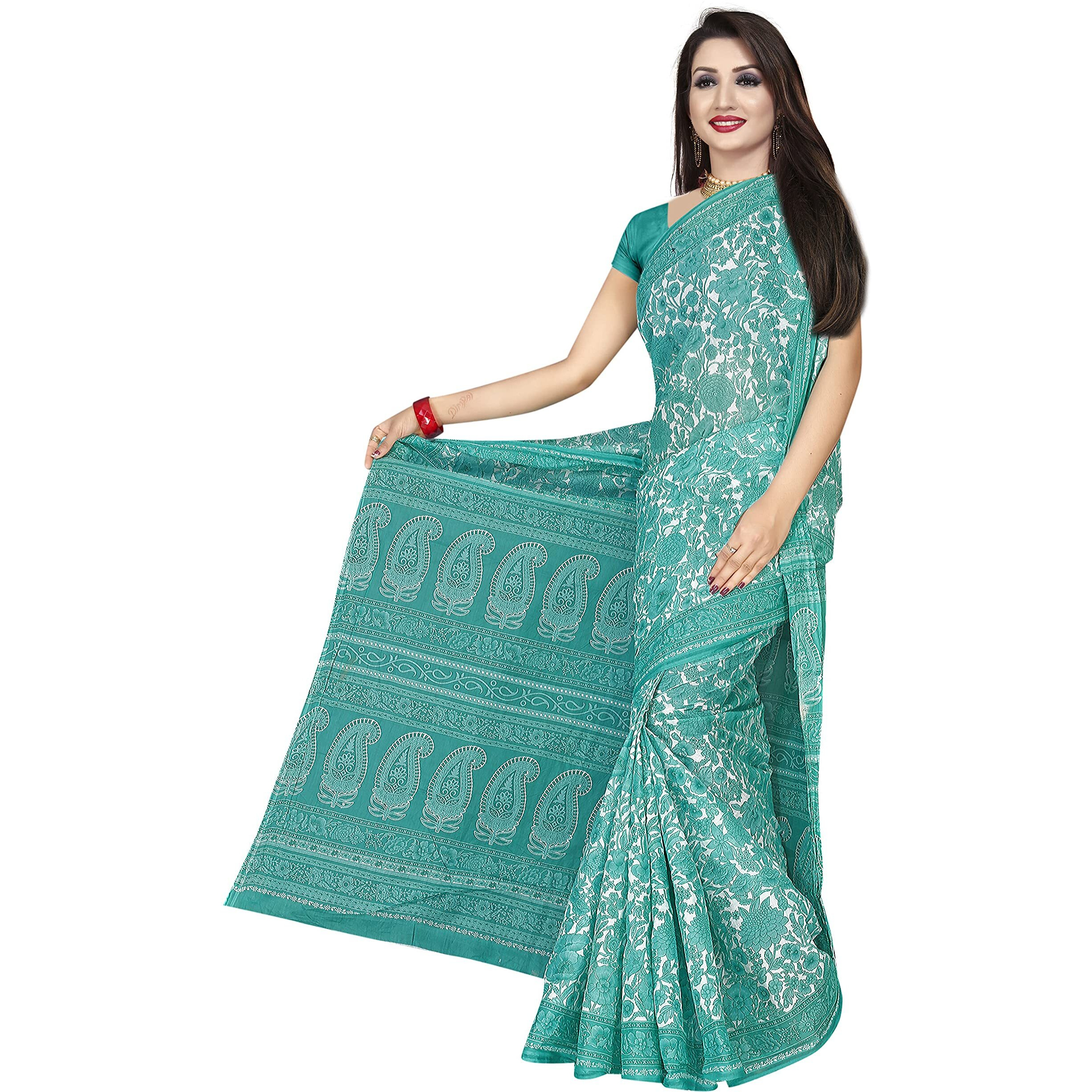 TAMAIRA FASHION Womens Plain Weave Pure Cotton Saree Without Blouse Piece (AB18_Seagreen)