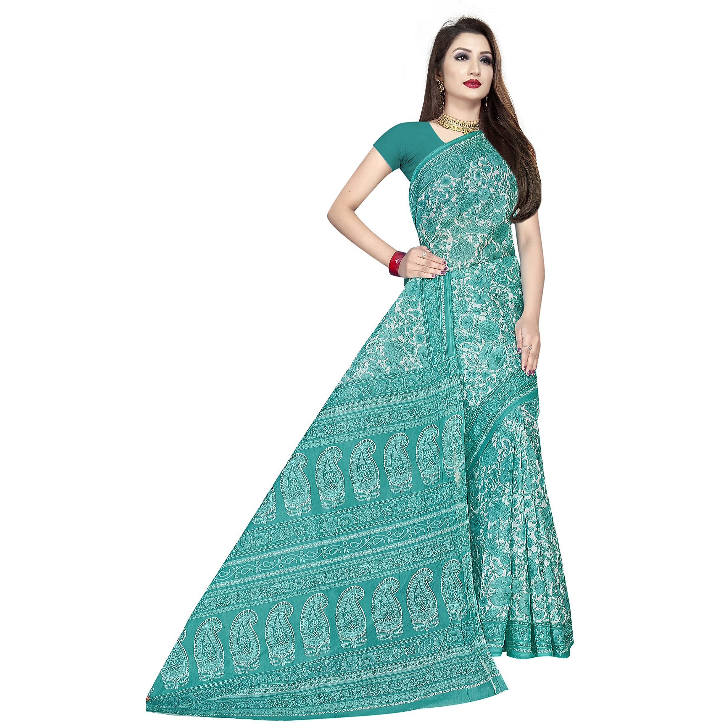 TAMAIRA FASHION Womens Plain Weave Pure Cotton Saree Without Blouse Piece (AB18_Seagreen)