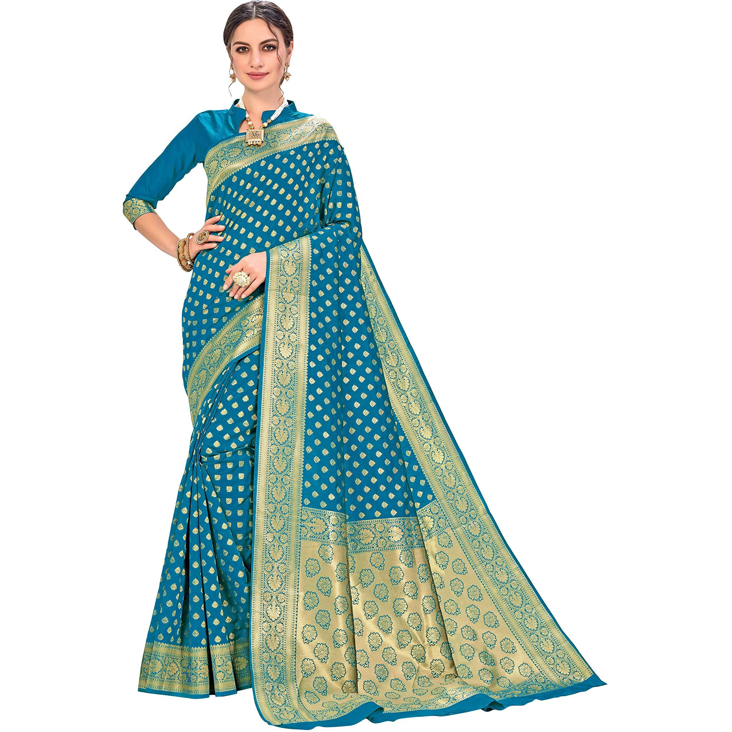 Glory Sarees Womens Banarasi Silk Saree With Blouse Piece (Firozi)