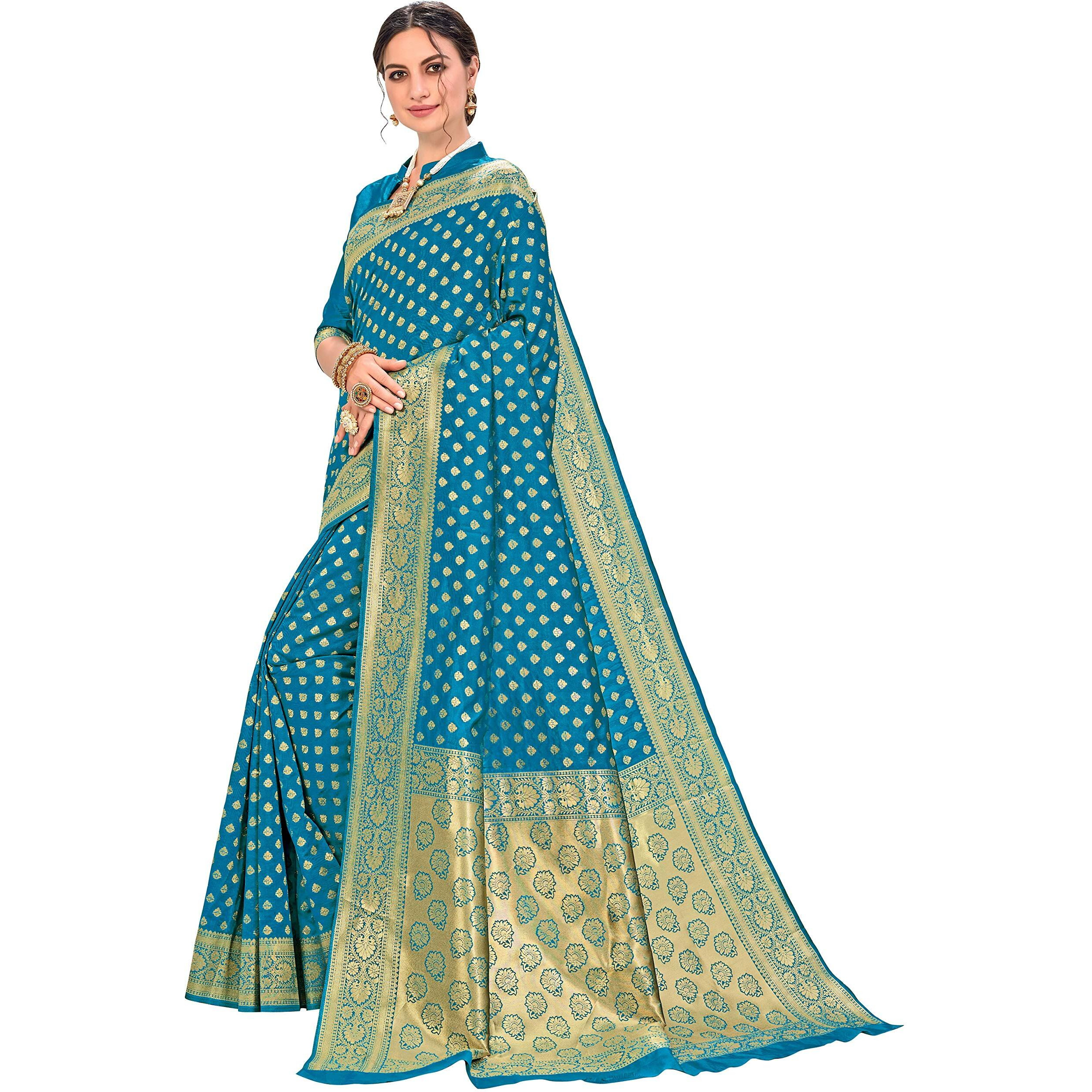 Glory Sarees Womens Banarasi Silk Saree With Blouse Piece (Firozi)