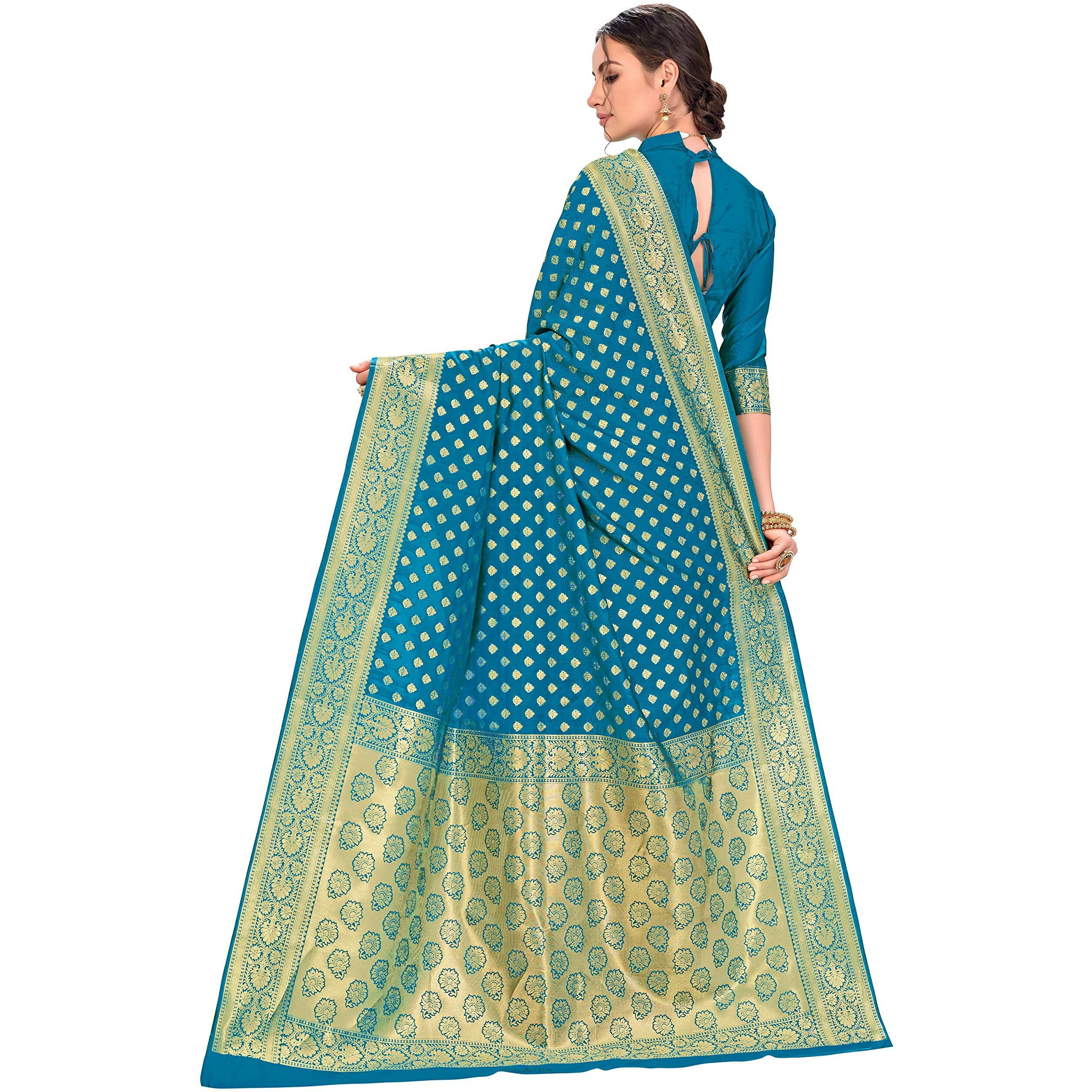 Glory Sarees Womens Banarasi Silk Saree With Blouse Piece (Firozi)