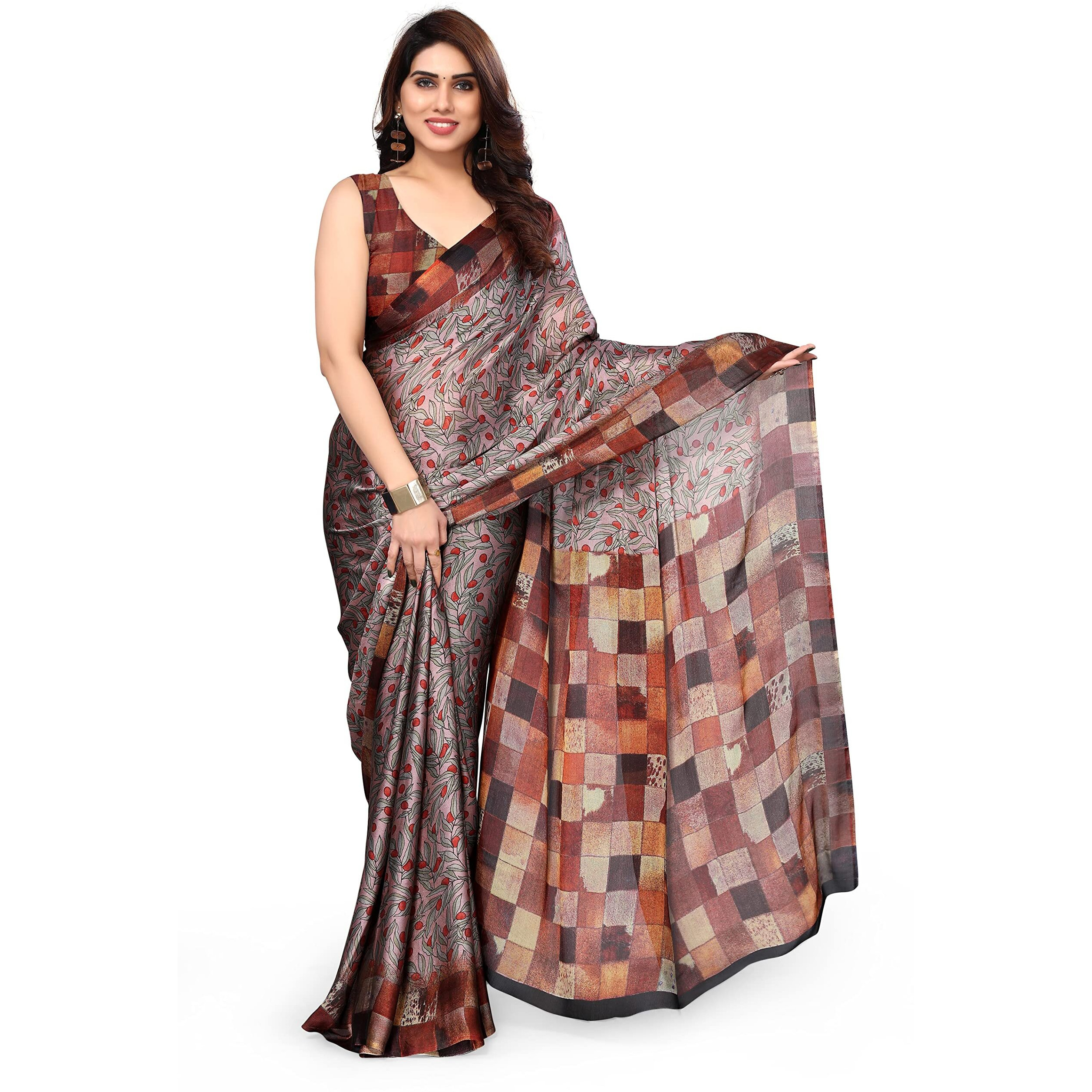 MIRCHI FASHION Womens Plain Weave Chiffon LeafChecked Print Saree with Blouse Piece (38175-Dusty Pink, Crimson)