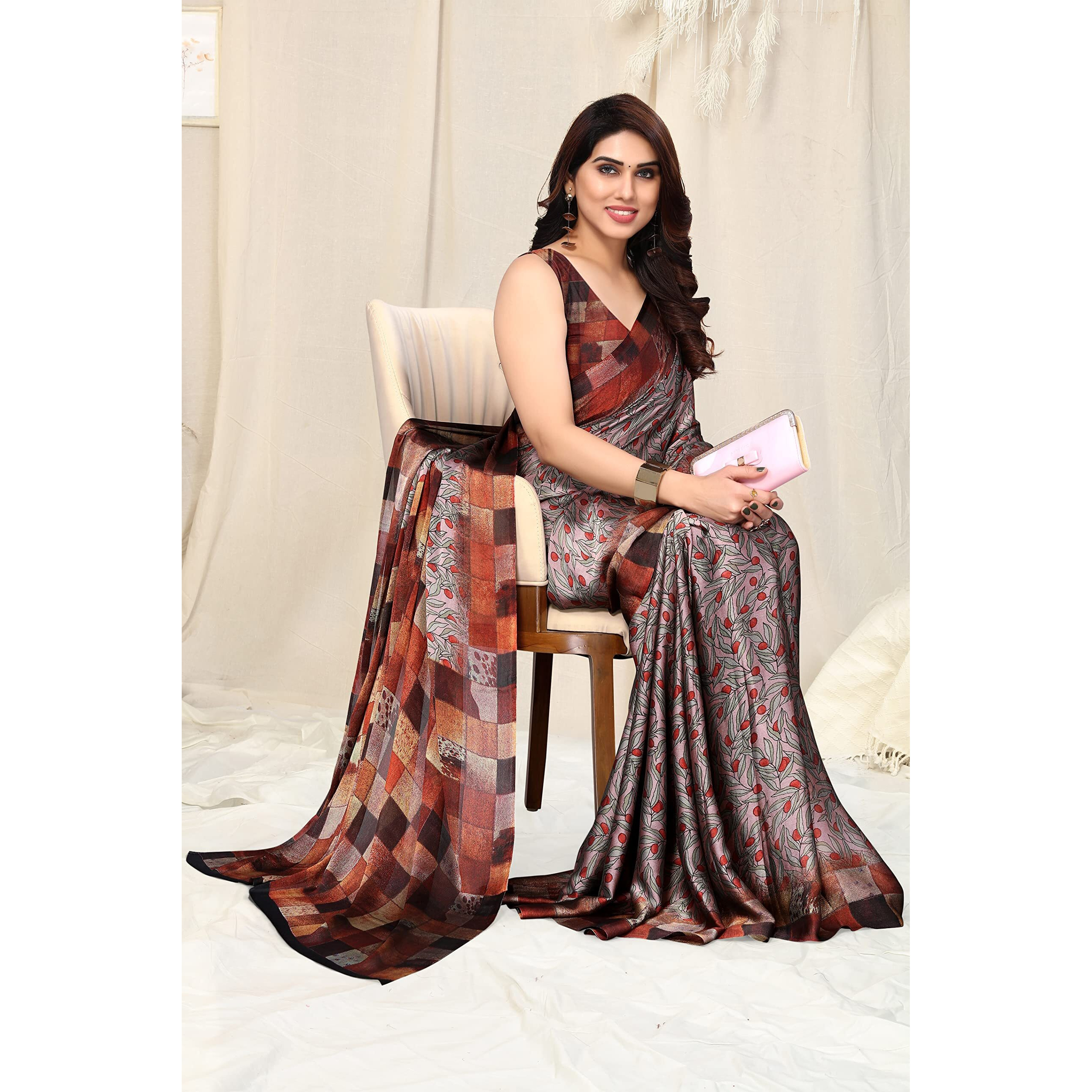 MIRCHI FASHION Womens Plain Weave Chiffon LeafChecked Print Saree with Blouse Piece (38175-Dusty Pink, Crimson)