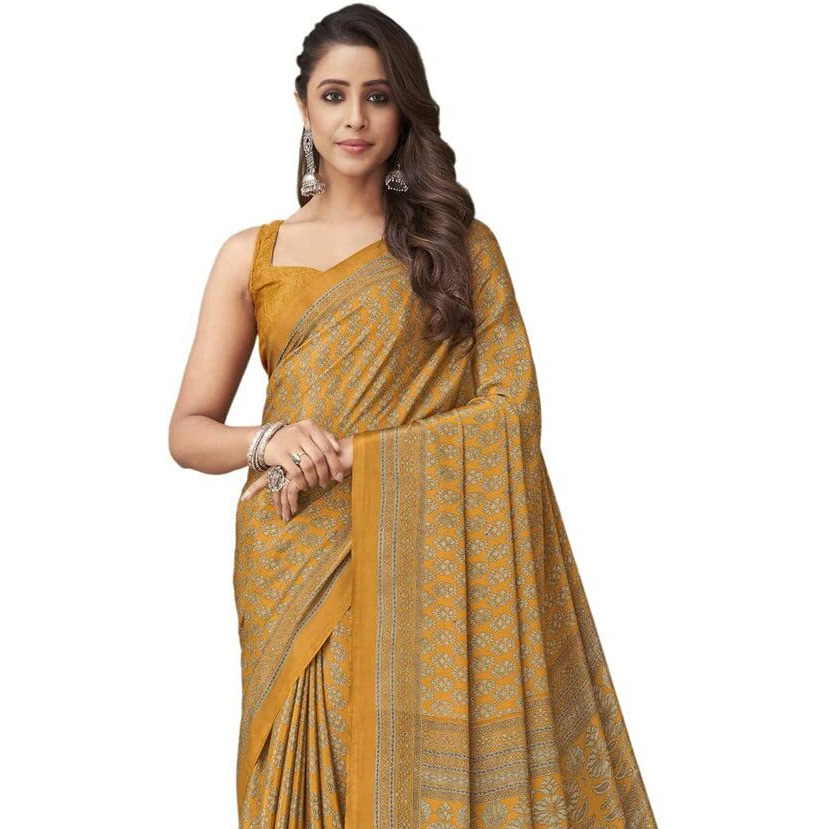 SIRIL Womens Printed Silk Crepe Saree with Unstitched Blouse Piece(2854S2403_Mustard Yellow)