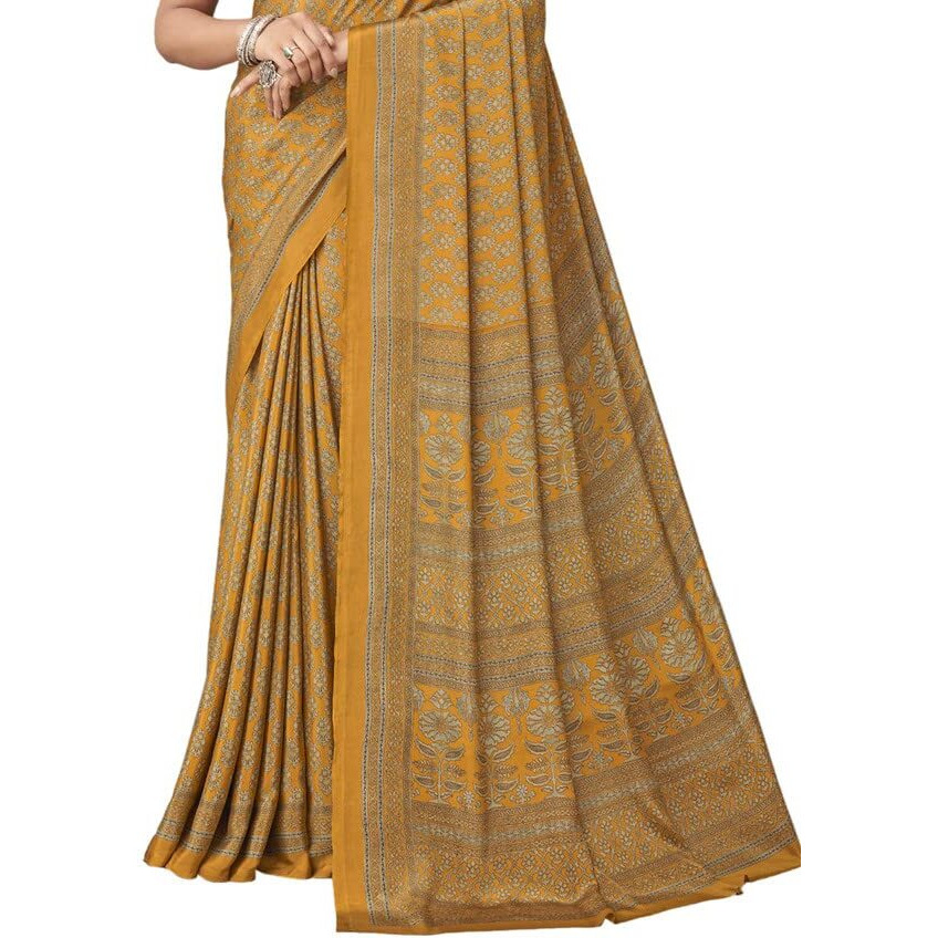 SIRIL Womens Printed Silk Crepe Saree with Unstitched Blouse Piece(2854S2403_Mustard Yellow)