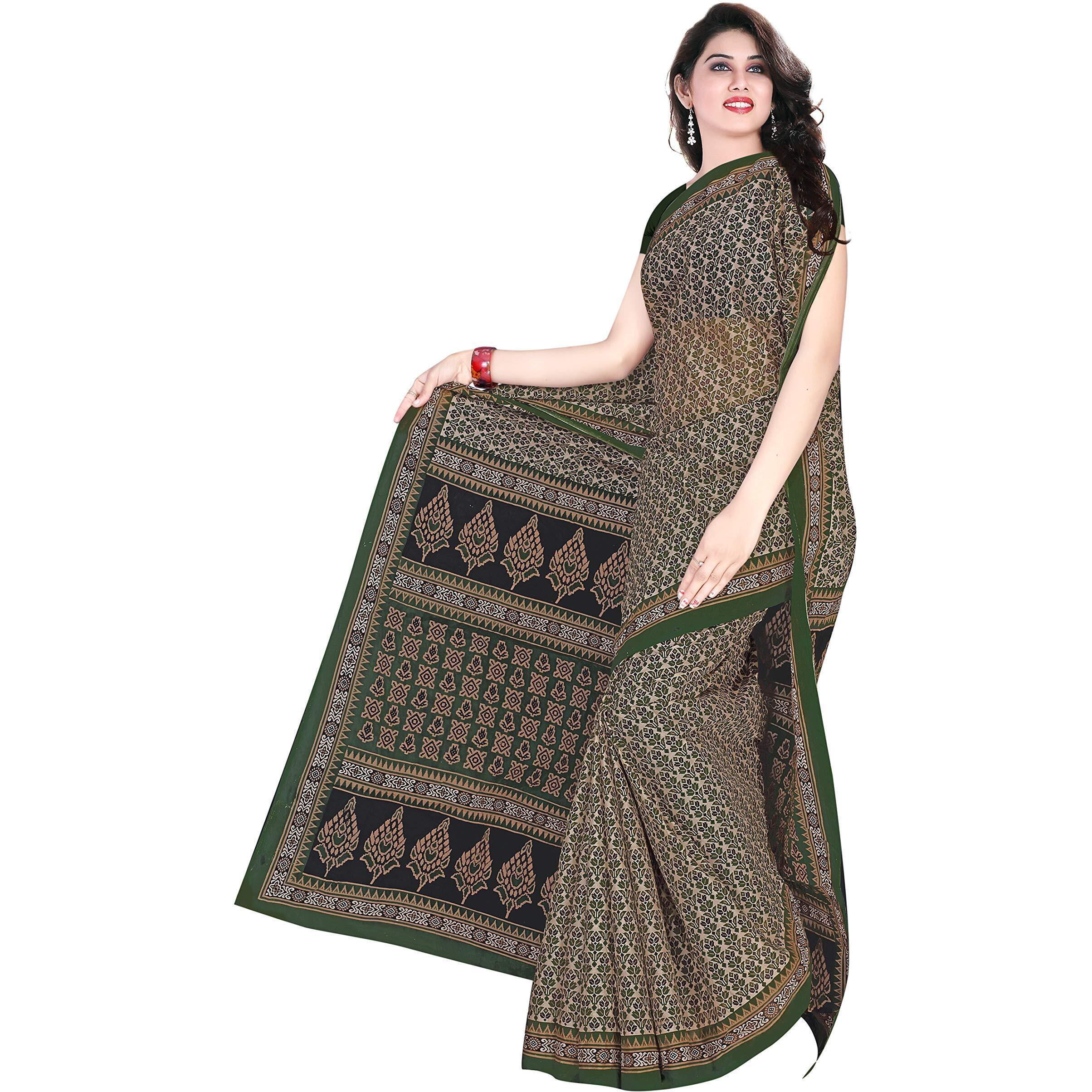TAMAIRA FASHION Womens Plain Weave Cotton Saree Without Blouse Piece (802_Dark Green)