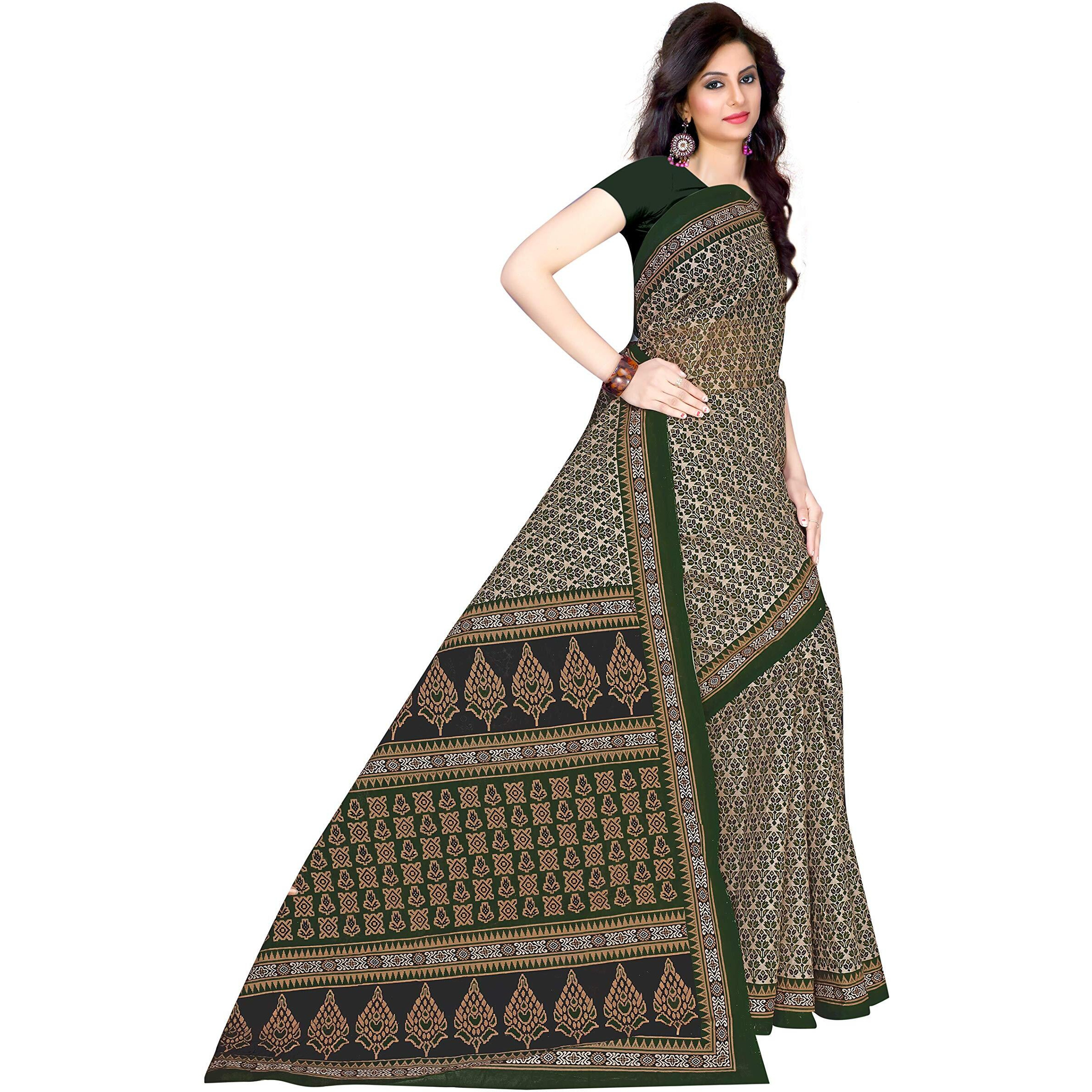 TAMAIRA FASHION Womens Plain Weave Cotton Saree Without Blouse Piece (802_Dark Green)