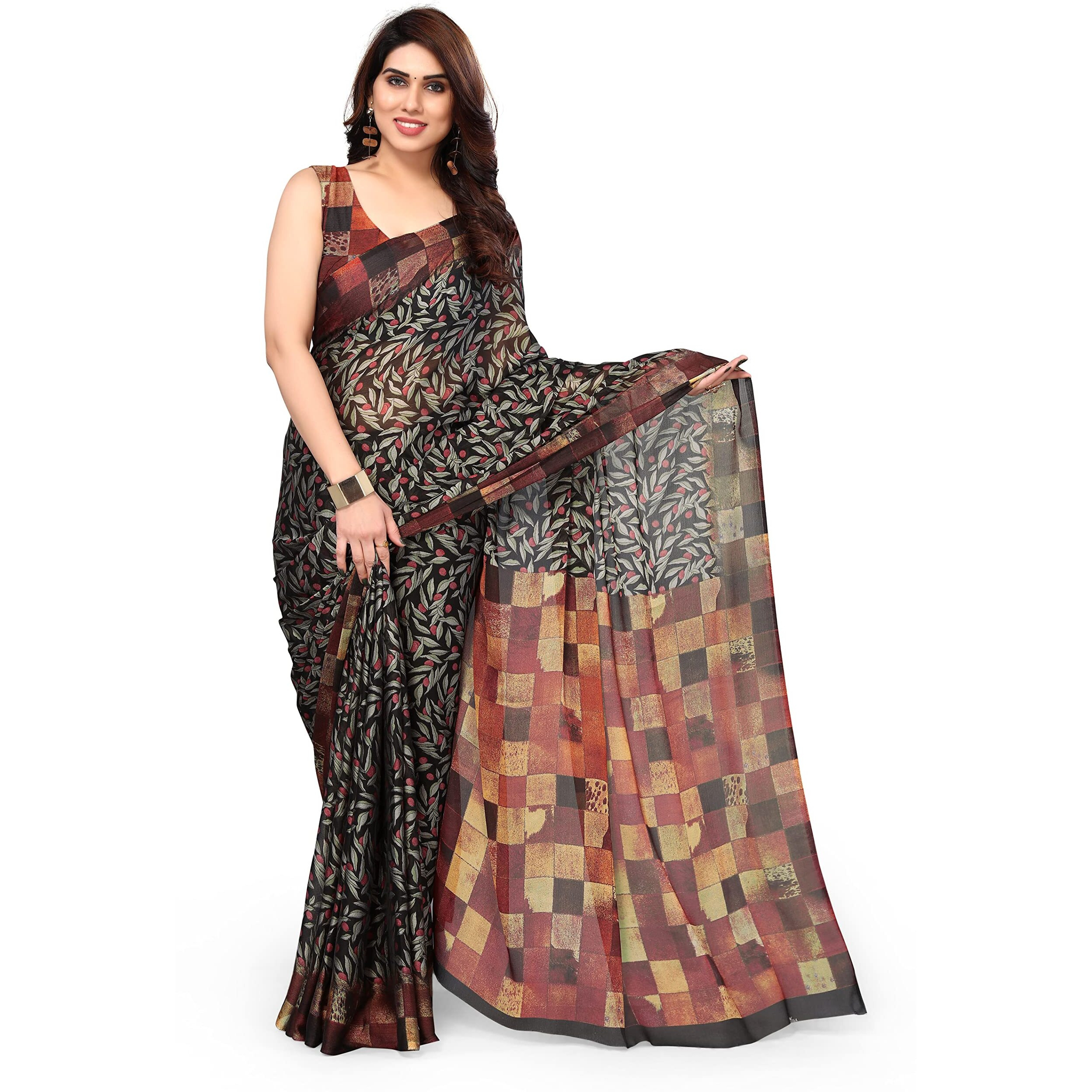 MIRCHI FASHION Womens Plain Weave Chiffon LeafChecked Print Saree with Blouse Piece (38174-Black, Red)