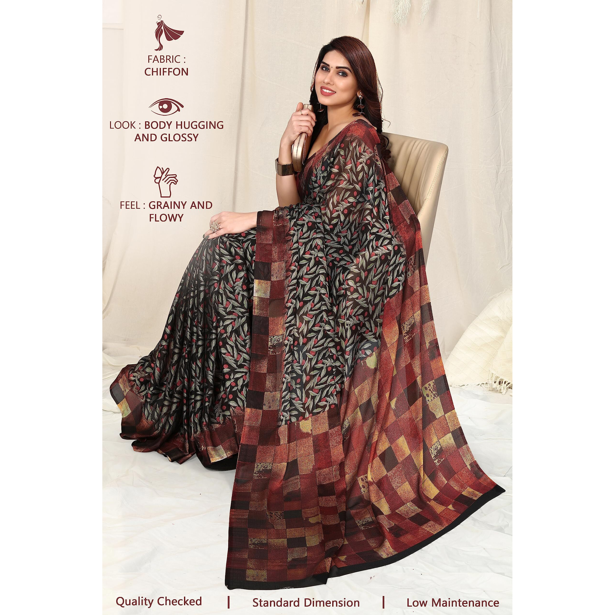 MIRCHI FASHION Womens Plain Weave Chiffon LeafChecked Print Saree with Blouse Piece (38174-Black, Red)