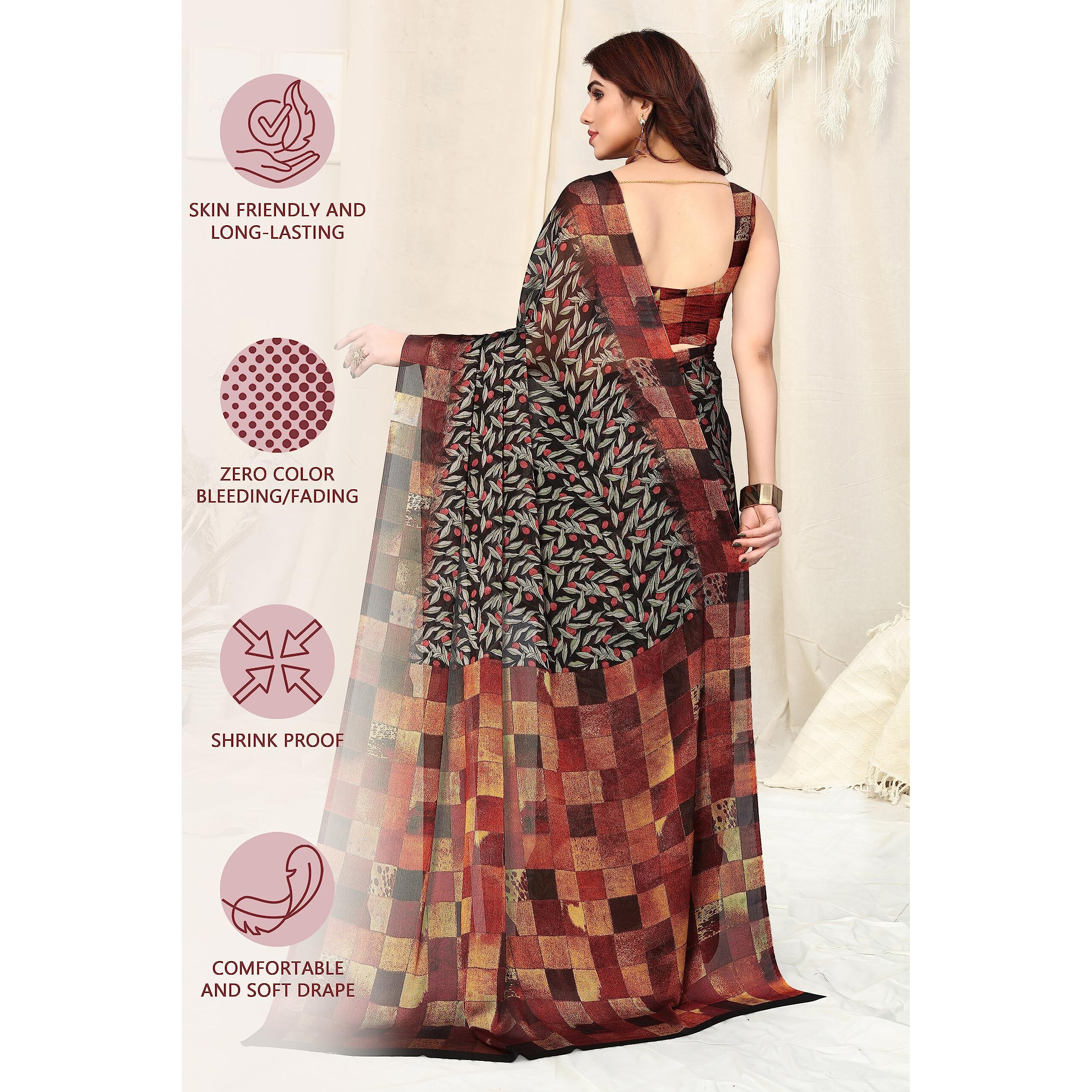 MIRCHI FASHION Womens Plain Weave Chiffon LeafChecked Print Saree with Blouse Piece (38174-Black, Red)