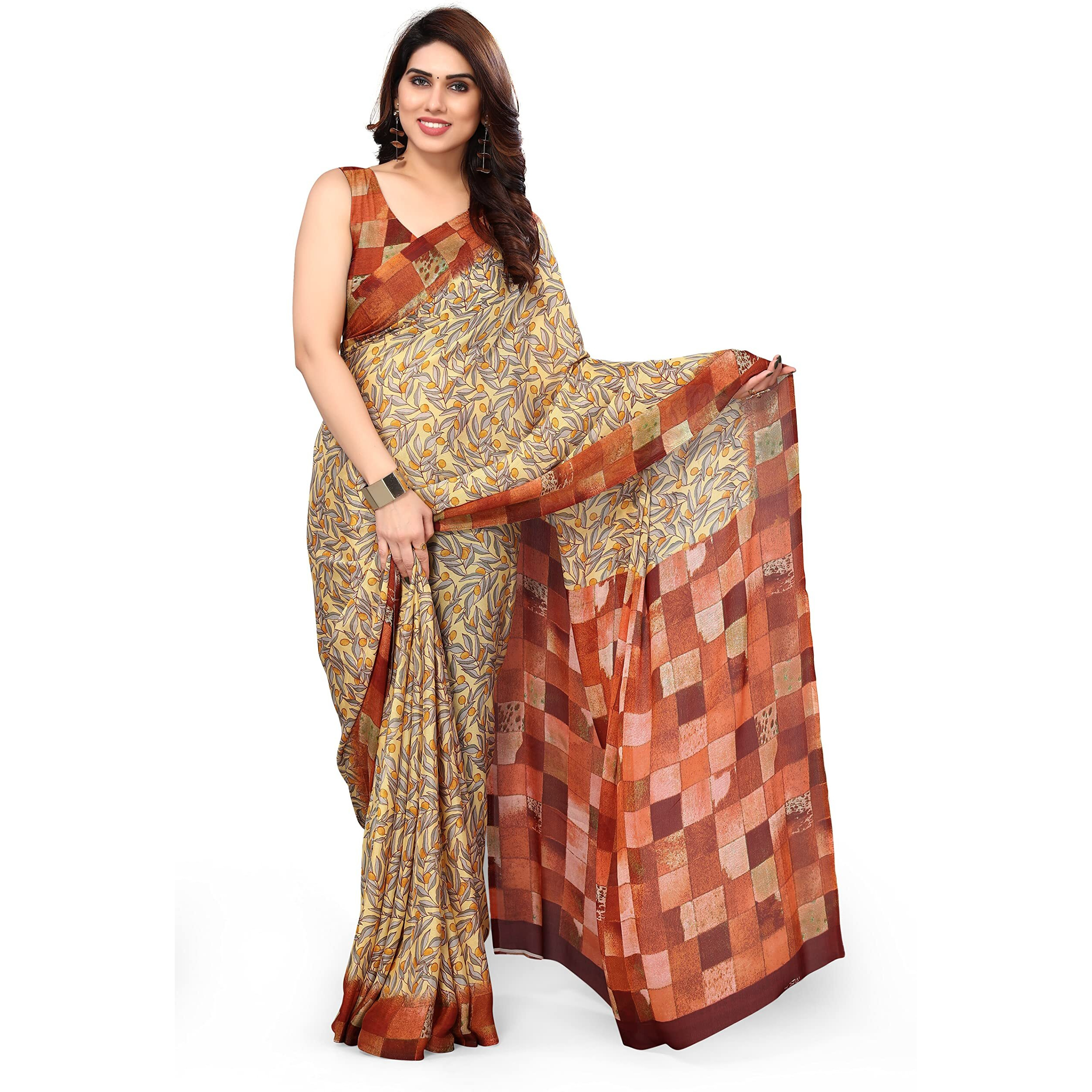 MIRCHI FASHION Womens Plain Weave Chiffon LeafChecked Print Saree with Blouse Piece (38172-Light Yellow, Yellow)
