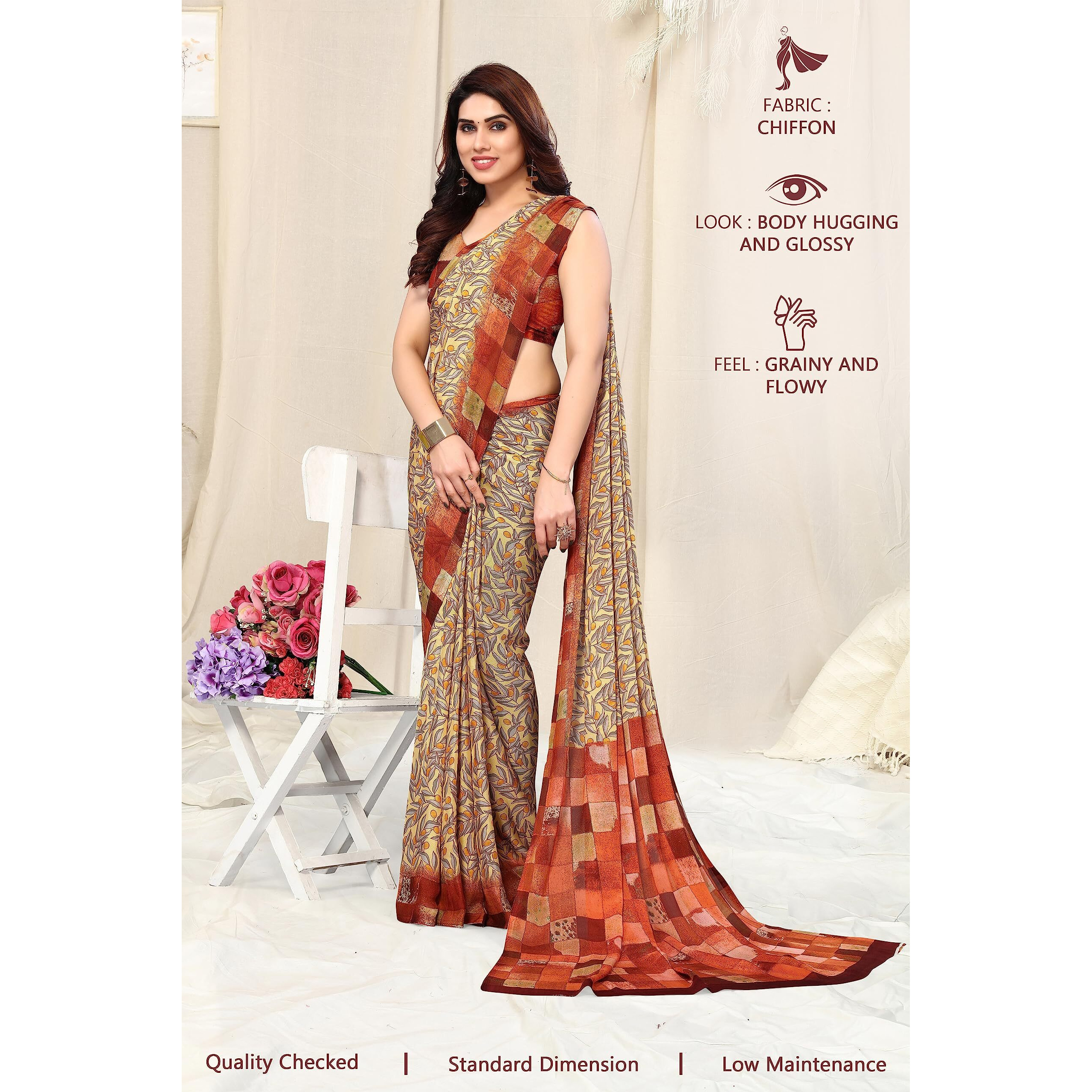 MIRCHI FASHION Womens Plain Weave Chiffon LeafChecked Print Saree with Blouse Piece (38172-Light Yellow, Yellow)