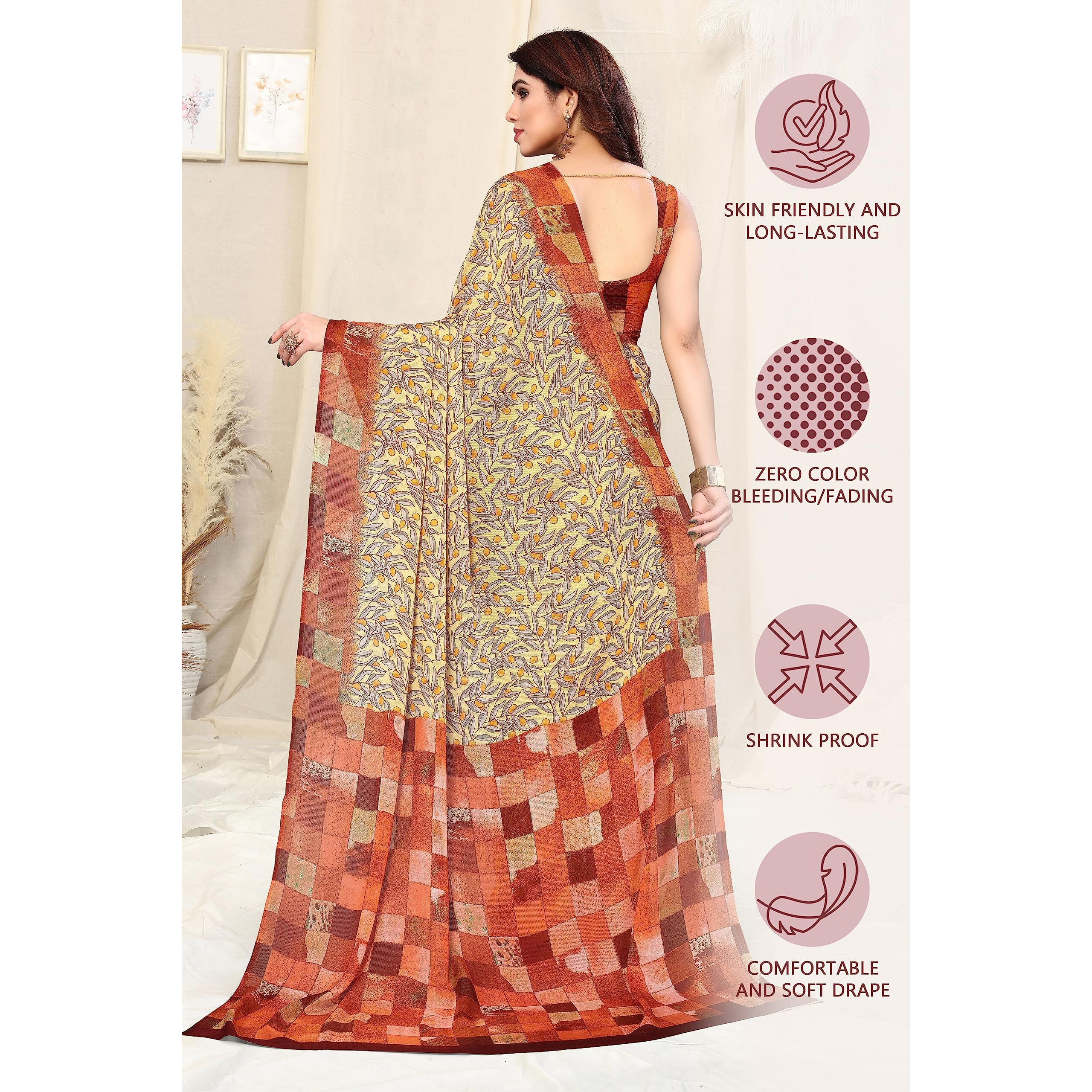 MIRCHI FASHION Womens Plain Weave Chiffon LeafChecked Print Saree with Blouse Piece (38172-Light Yellow, Yellow)