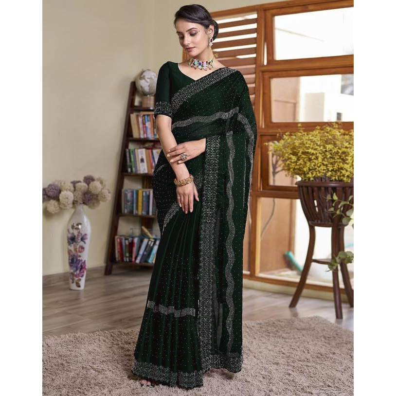 SIRIL Womens Georgette Hot Fixing Saree With Unstitched Blouse Piece (3620S104_Dark Green)