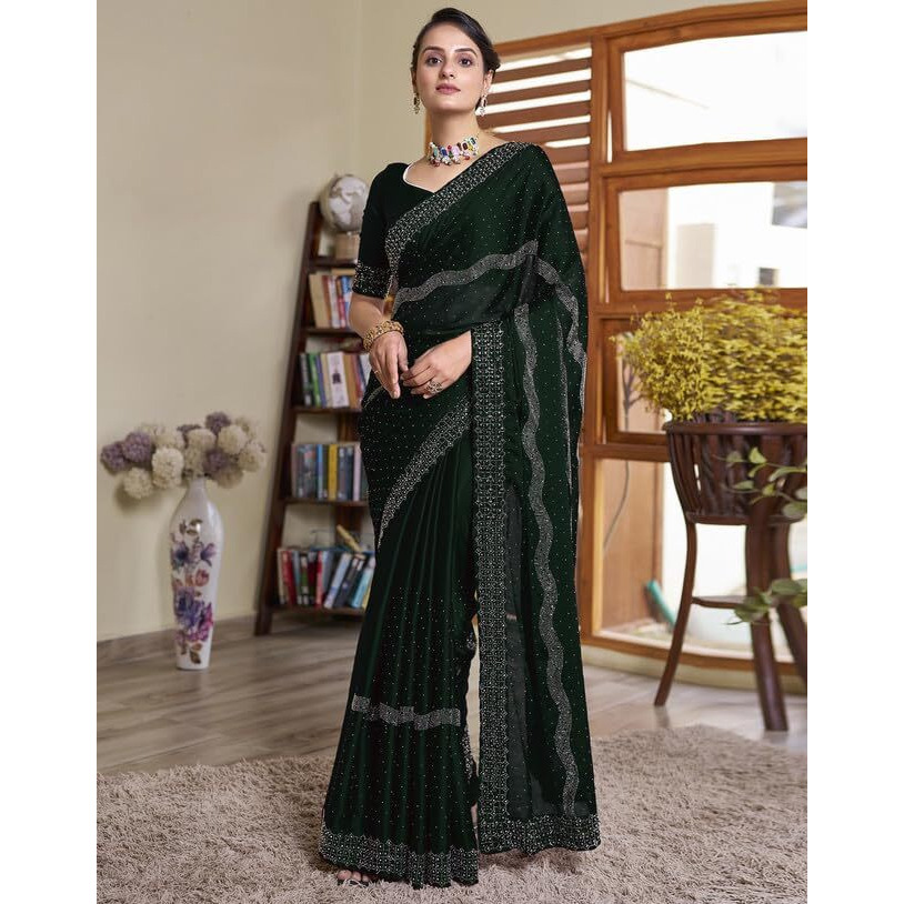 SIRIL Womens Georgette Hot Fixing Saree With Unstitched Blouse Piece (3620S104_Dark Green)