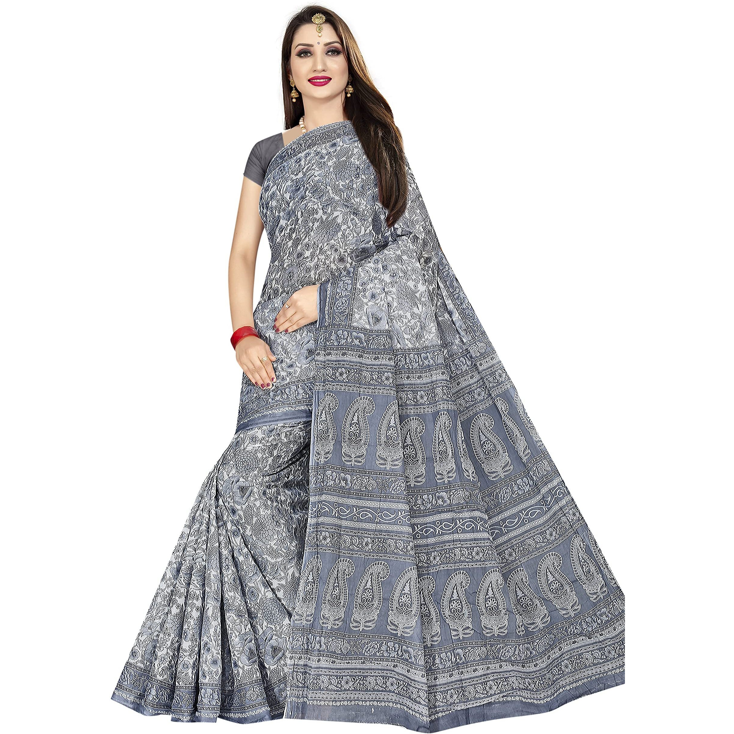 TAMAIRA FASHION Womens Plain Weave Pure Cotton Saree Without Blouse Piece (AB18_Grey)