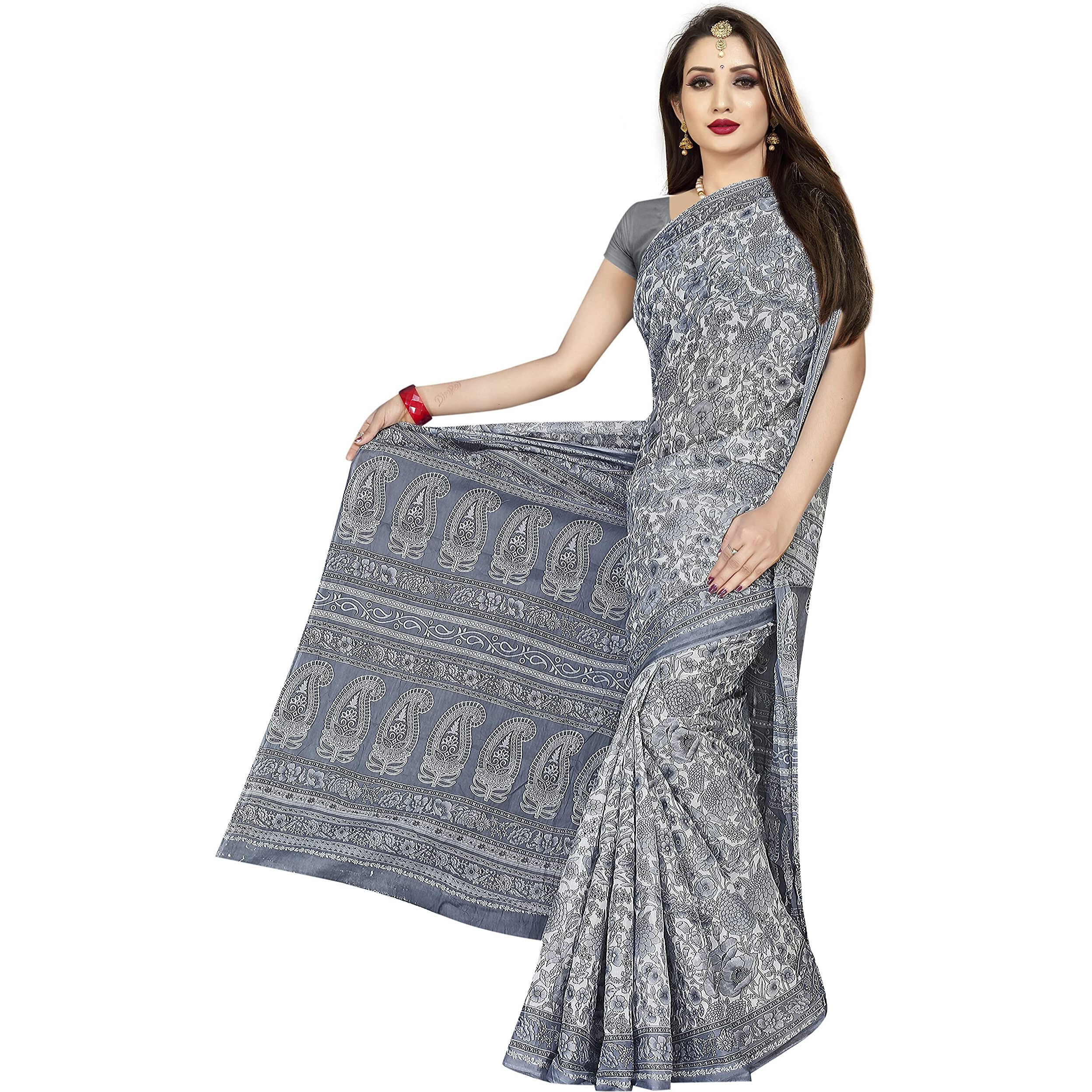 TAMAIRA FASHION Womens Plain Weave Pure Cotton Saree Without Blouse Piece (AB18_Grey)