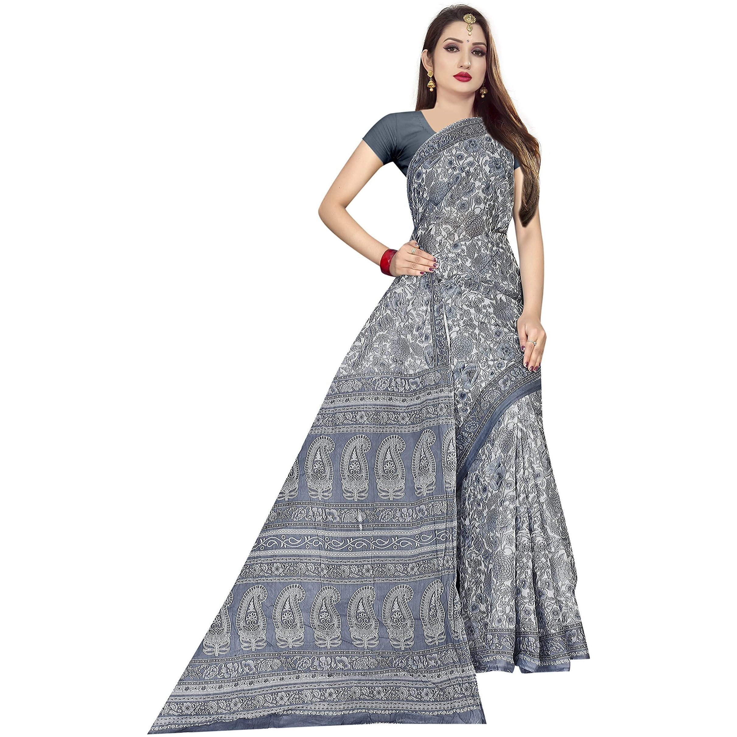 TAMAIRA FASHION Womens Plain Weave Pure Cotton Saree Without Blouse Piece (AB18_Grey)