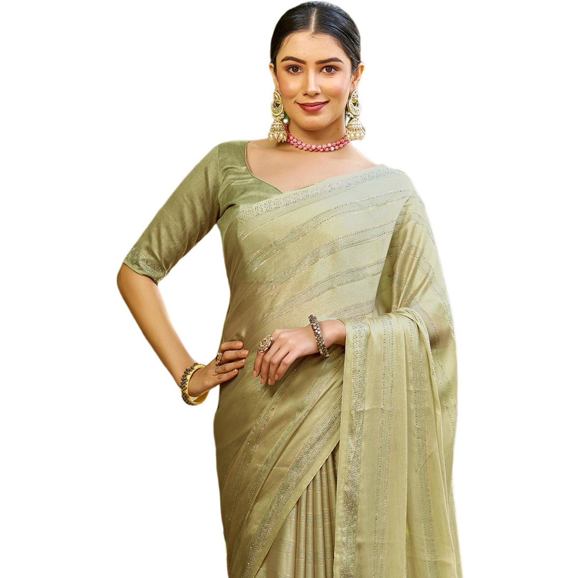 SIRIL Womens Chiffon Hot Fixing Saree With Unstitched Blouse Piece (3397S242_Pista Green)