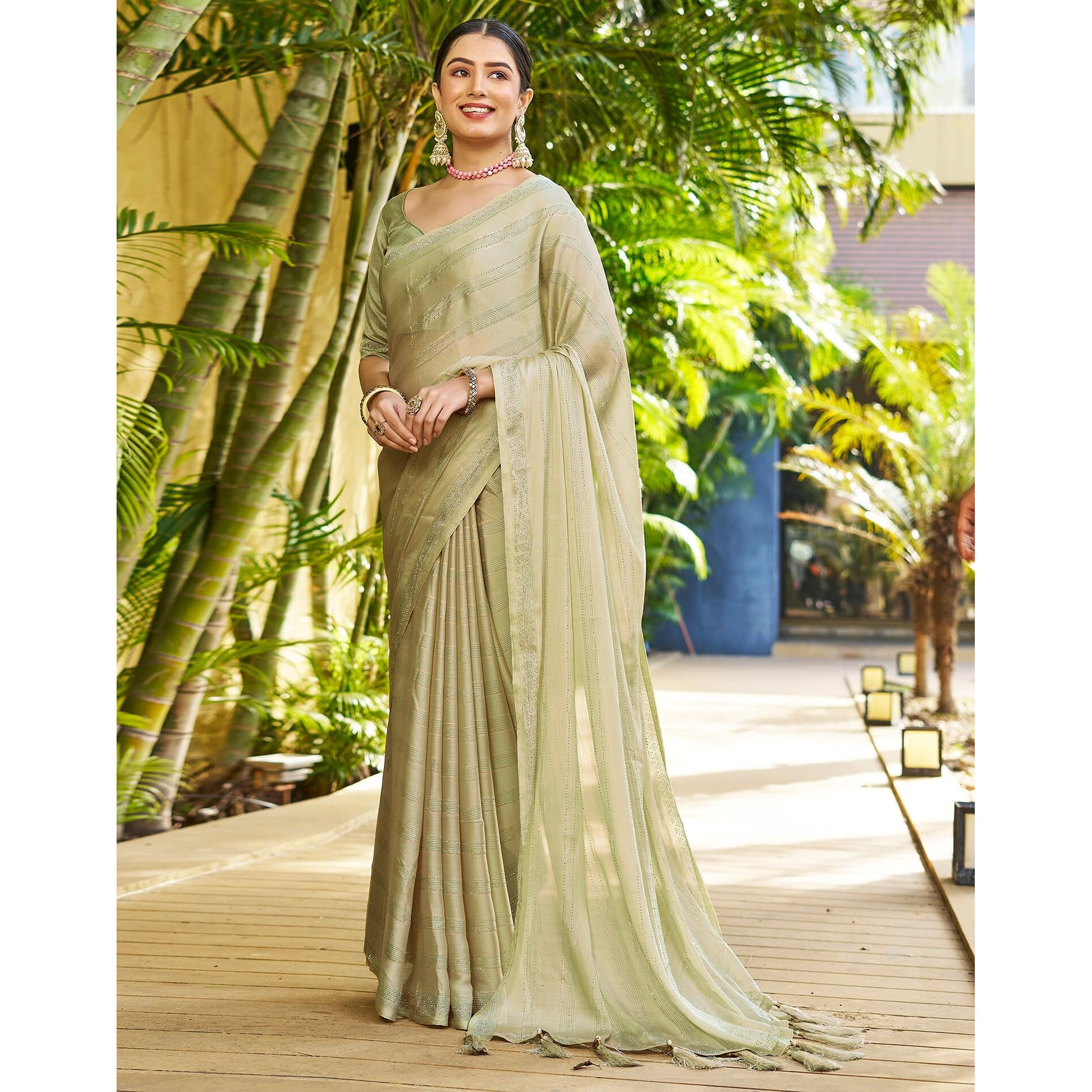 SIRIL Womens Chiffon Hot Fixing Saree With Unstitched Blouse Piece (3397S242_Pista Green)