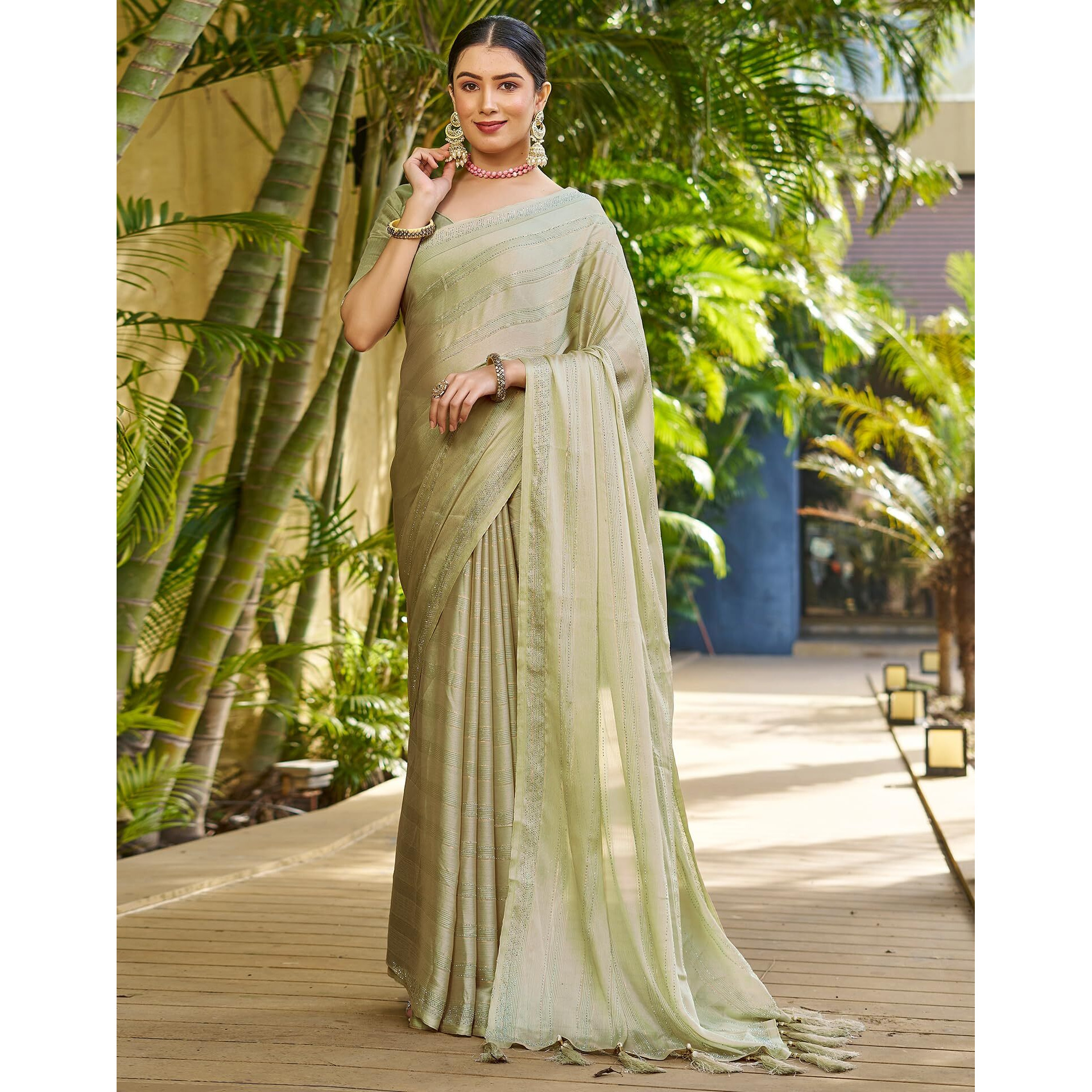 SIRIL Womens Chiffon Hot Fixing Saree With Unstitched Blouse Piece (3397S242_Pista Green)