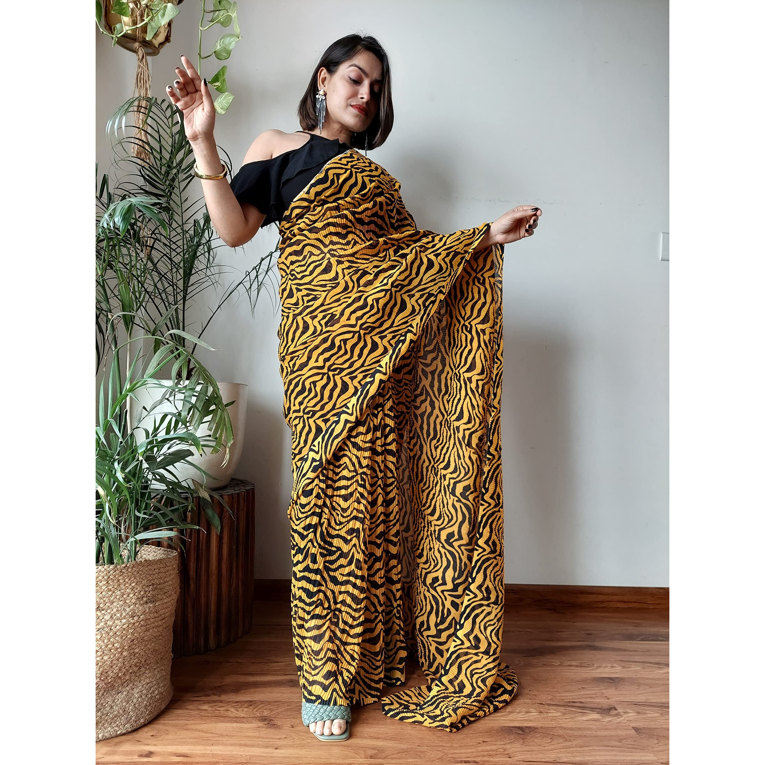 Shiv Textiles Womens Pure Georgette Saree With Blouse Piece (ST-ZEBRA-CRUSH-MUSTARD)