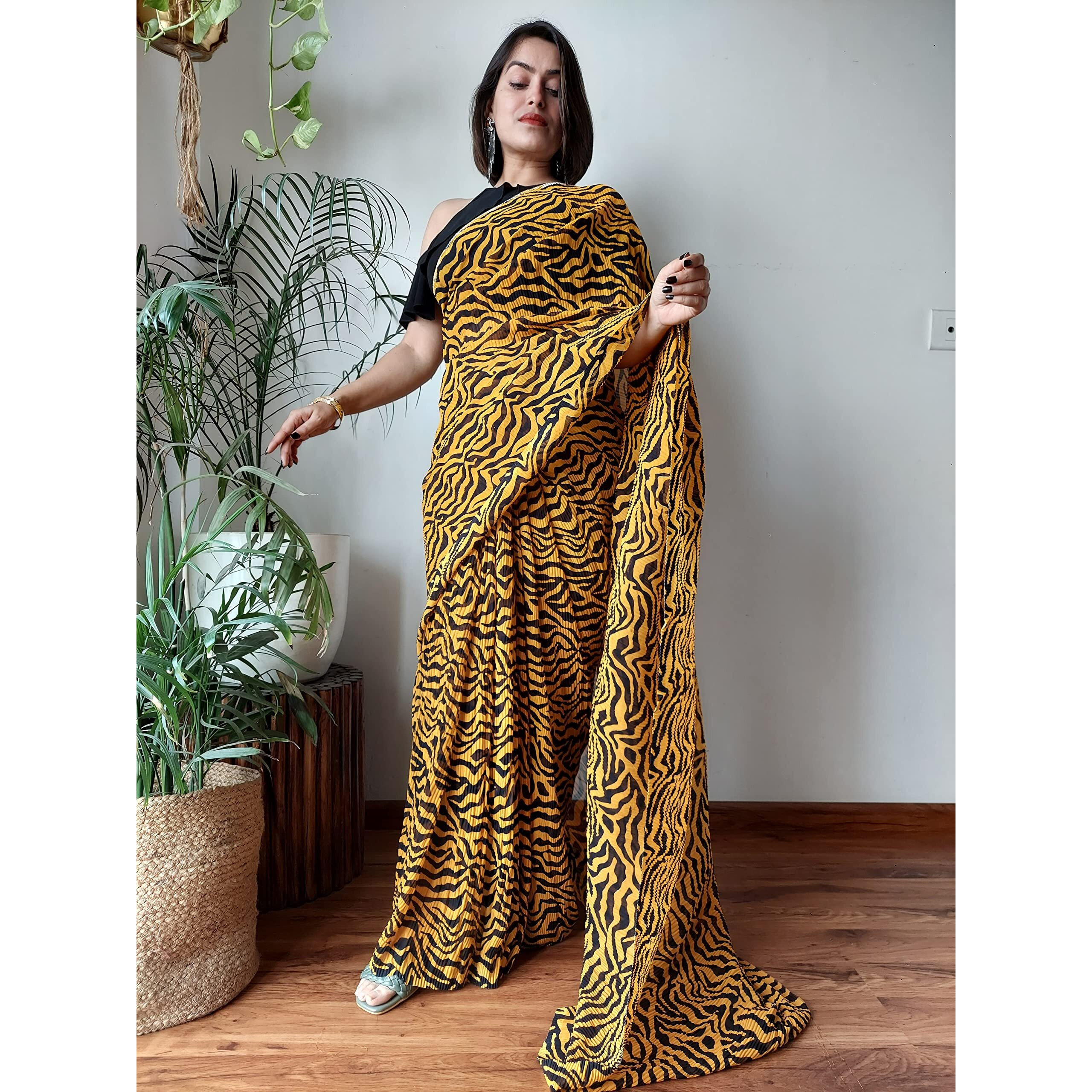 Shiv Textiles Womens Pure Georgette Saree With Blouse Piece (ST-ZEBRA-CRUSH-MUSTARD)