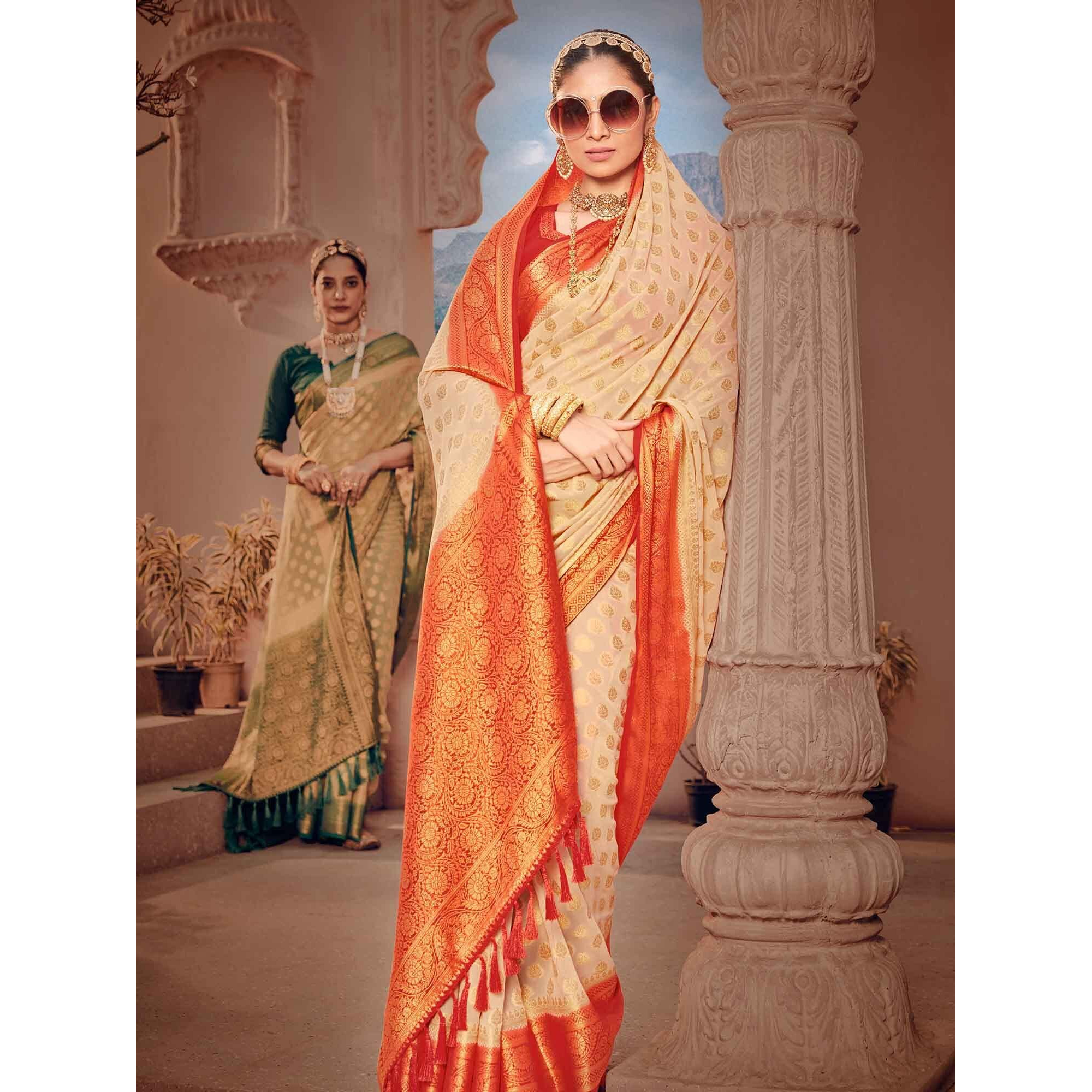 AKHILAM Womens Georgette Banarasi Silk Saree Georgette Patola saree With Unstitched Blouse Piece (Cream_ARYA1003_FL)