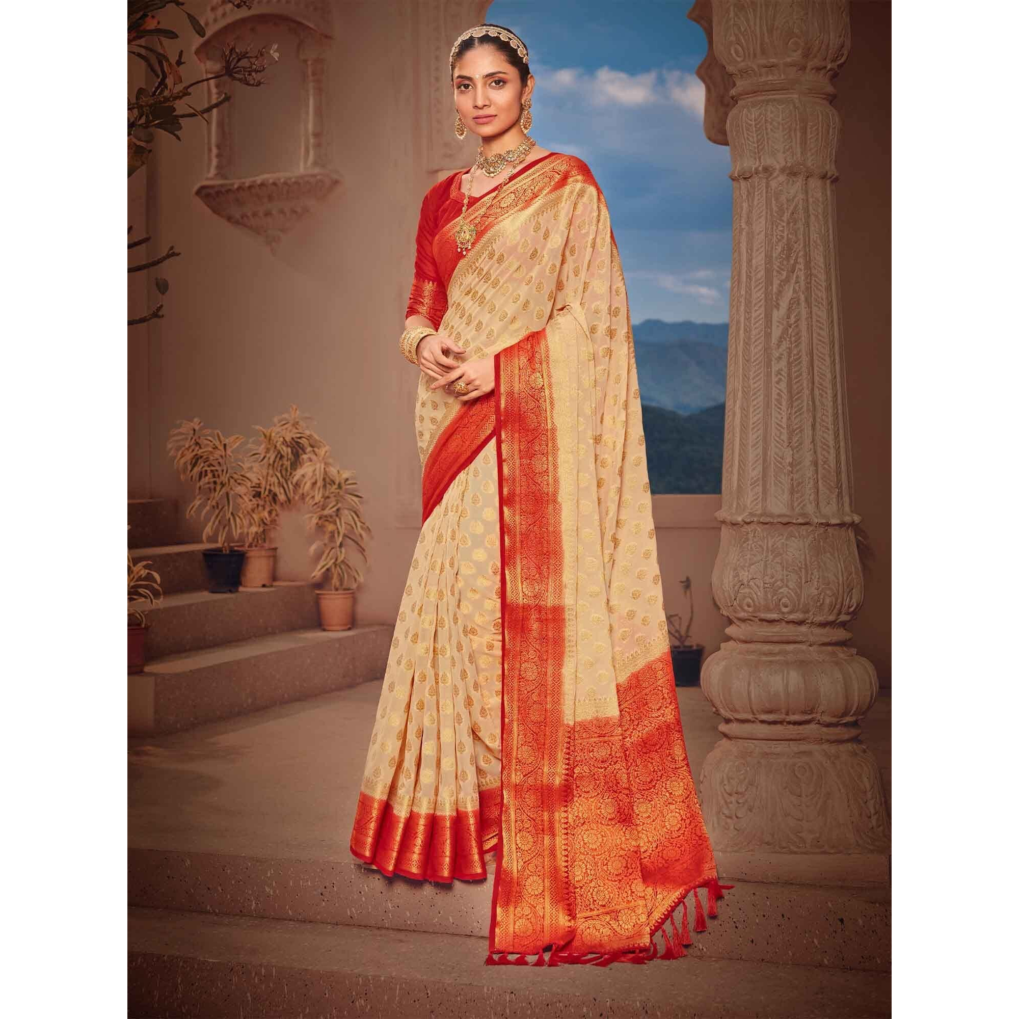 AKHILAM Womens Georgette Banarasi Silk Saree Georgette Patola saree With Unstitched Blouse Piece (Cream_ARYA1003_FL)
