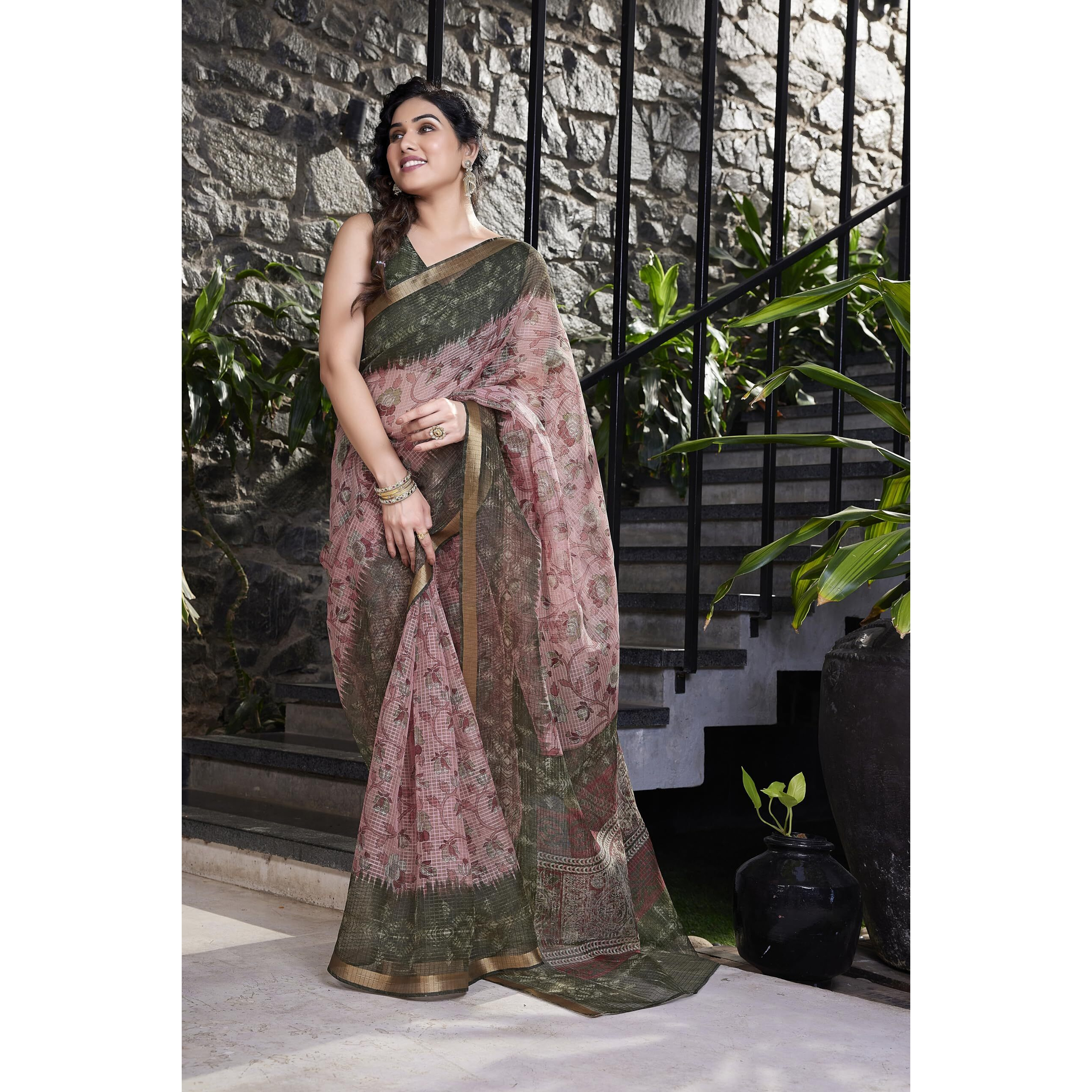 MIRCHI FASHION Womens Plain Weave Kota Doria Checks Woven Floral Printed Saree with Blouse Piece (37624-Baby Pink, Wine)