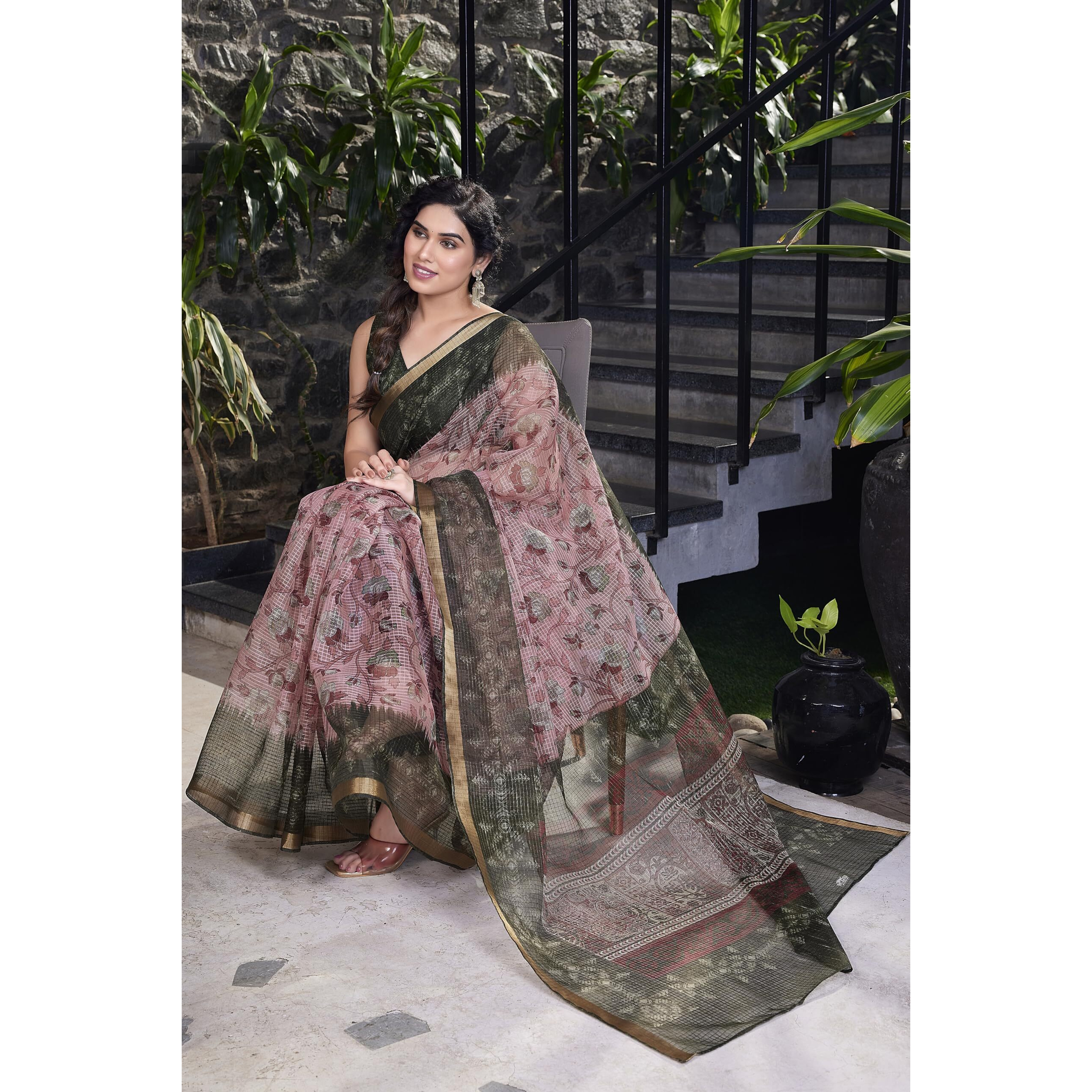 MIRCHI FASHION Womens Plain Weave Kota Doria Checks Woven Floral Printed Saree with Blouse Piece (37624-Baby Pink, Wine)