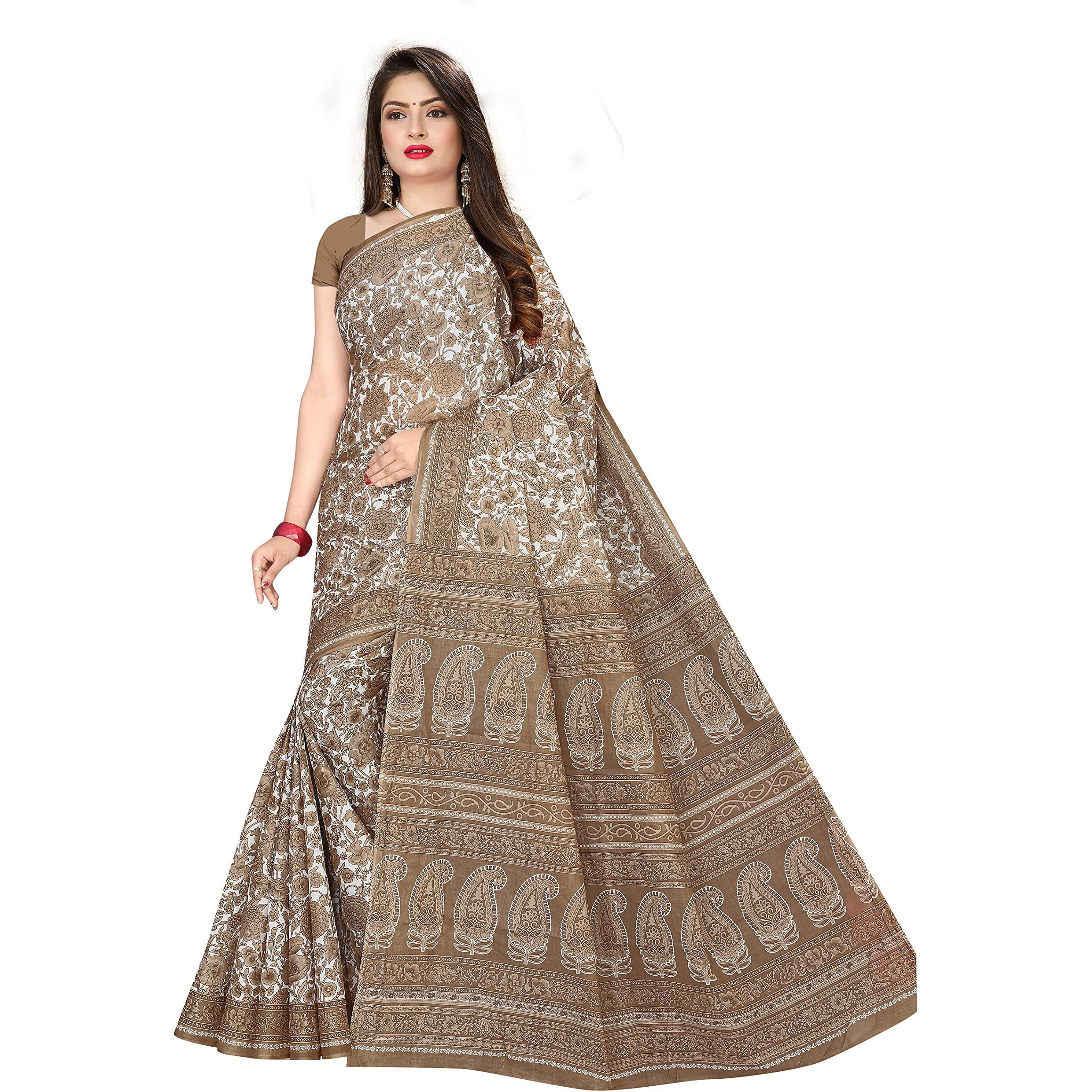 TAMAIRA FASHION Womens Plain Weave Pure Cotton Saree Without Blouse Piece(AB18_BrownBeige)