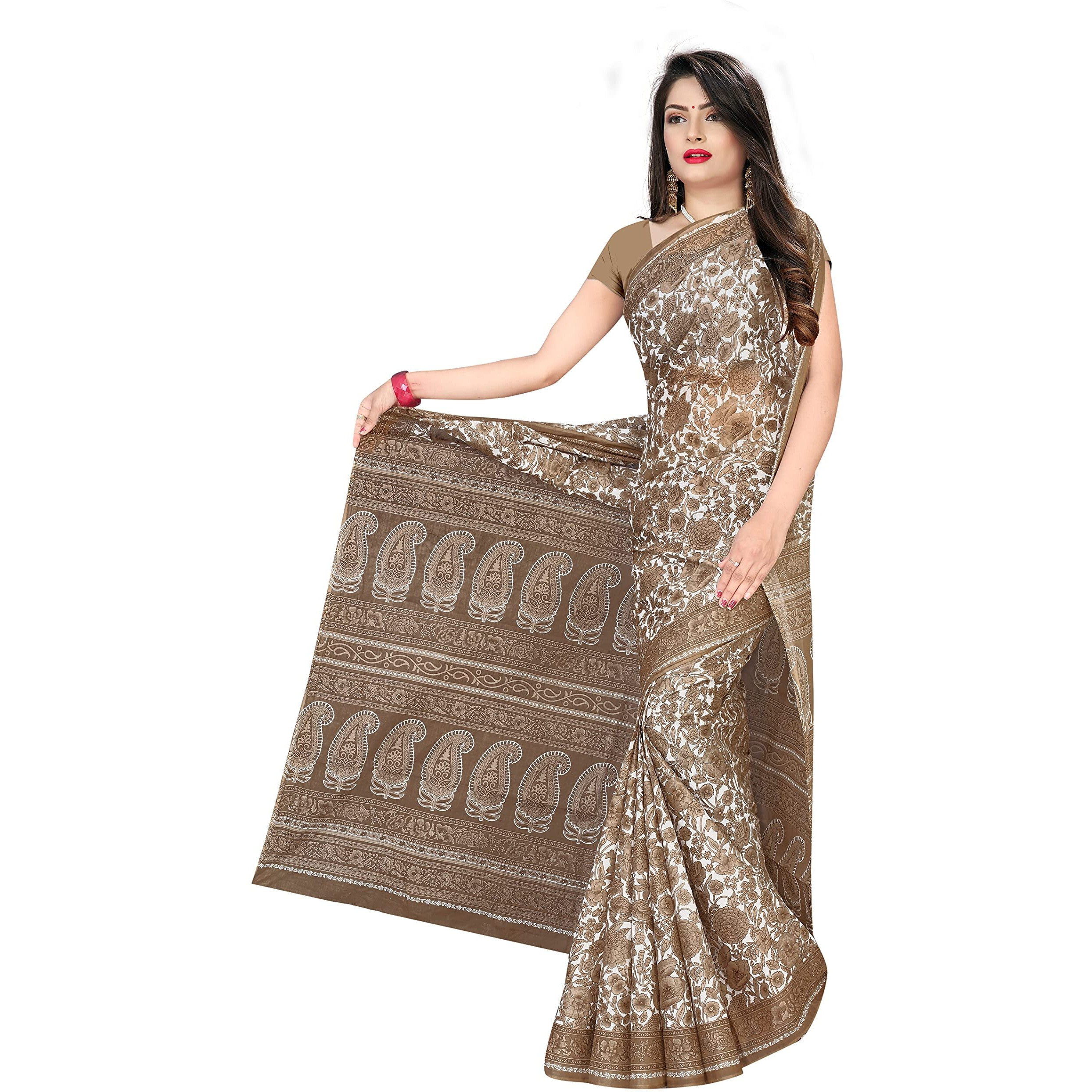 TAMAIRA FASHION Womens Plain Weave Pure Cotton Saree Without Blouse Piece(AB18_BrownBeige)