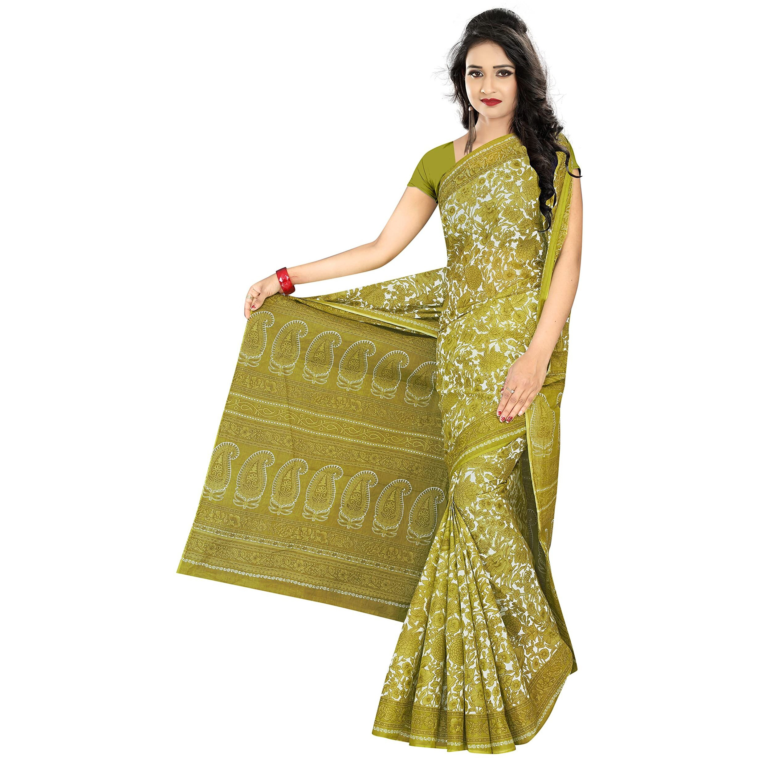 TAMAIRA FASHION Womens Plain Weave Pure Cotton Saree Without Blouse Piece(AB18_Green)