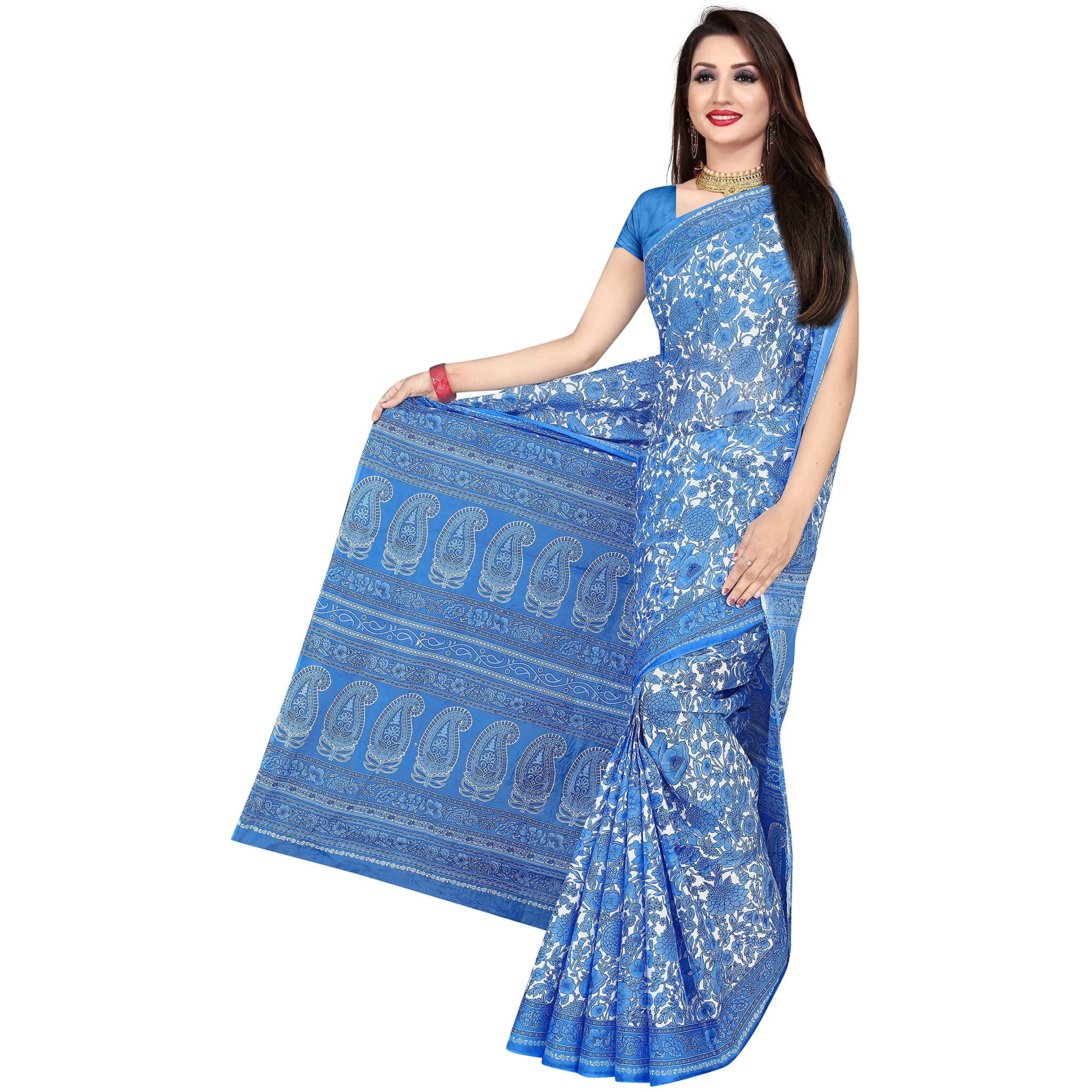 TAMAIRA FASHION Womens Plain Weave Pure Cotton Saree Without Blouse Piece(AB18_Blue)